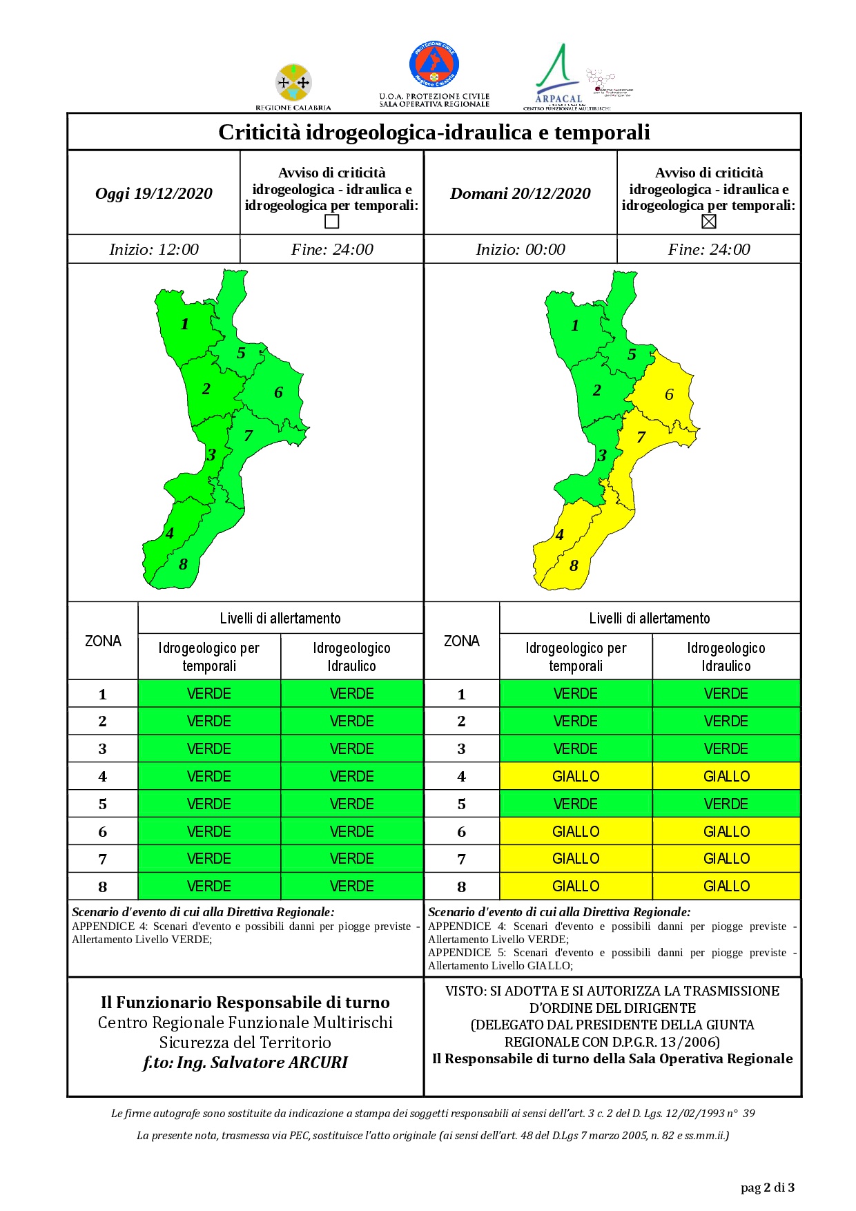 Criticità idrogeologica-idraulica e temporali in Calabria 19-12-2020