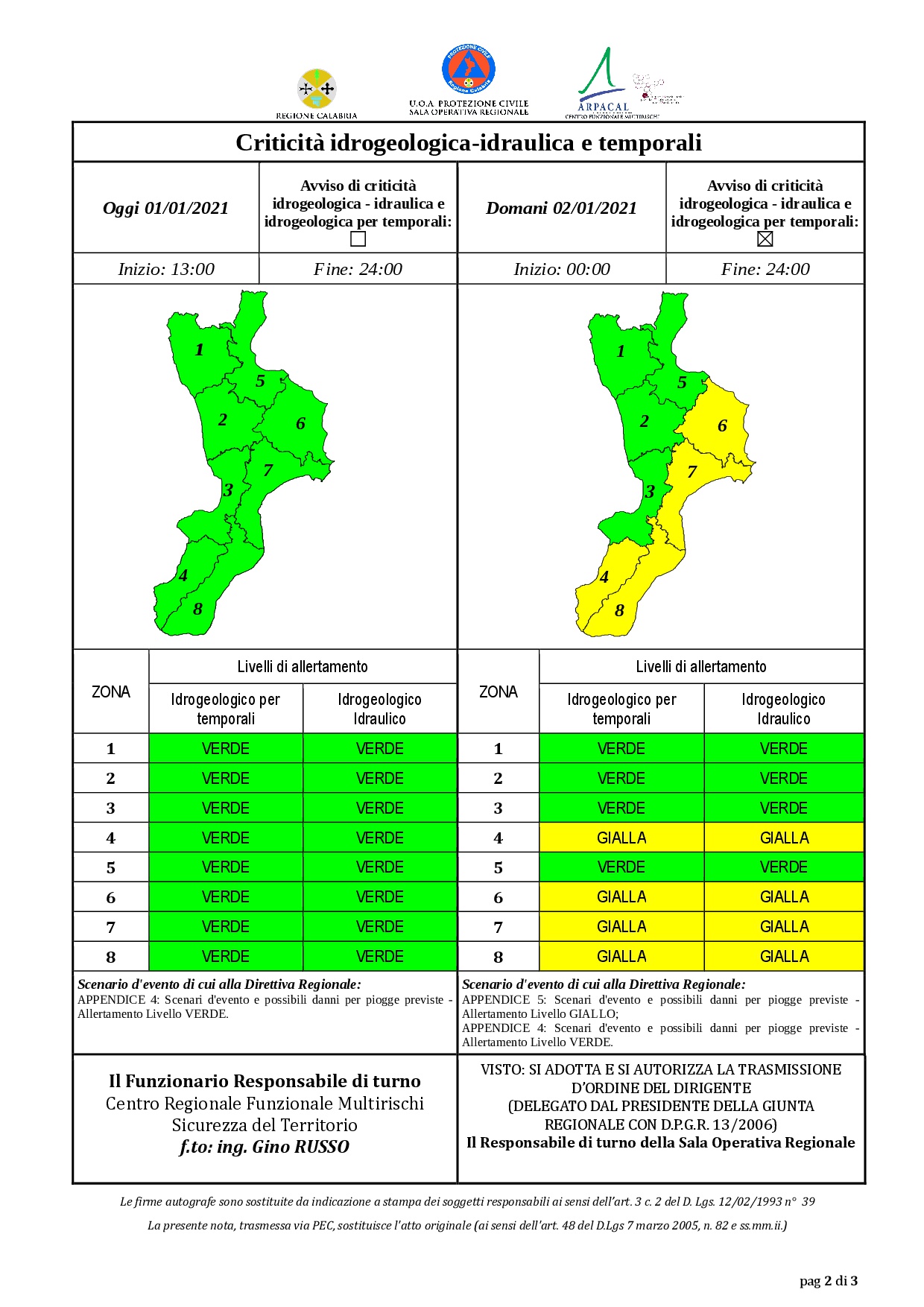 Criticità idrogeologica-idraulica e temporali in Calabria 01-01-2021