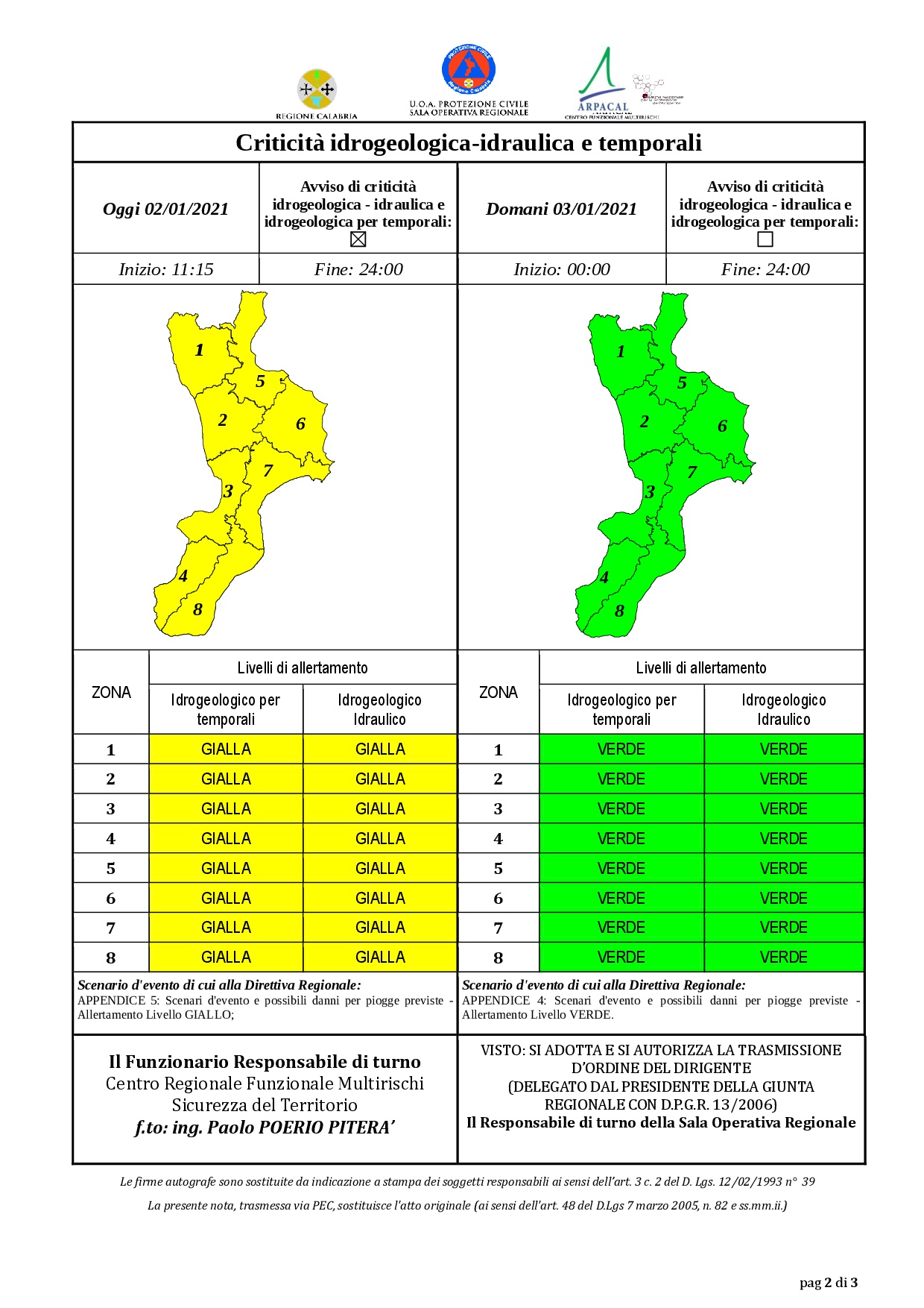 Criticità idrogeologica-idraulica e temporali in Calabria 02-01-2021