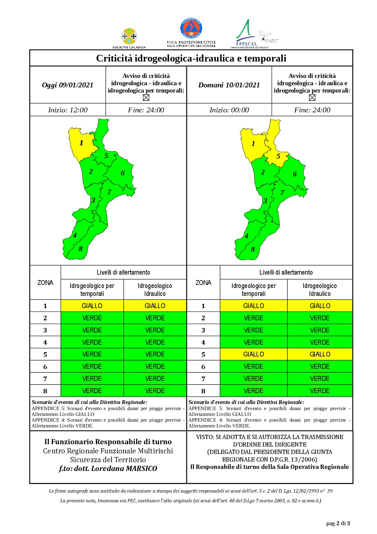 Criticità idrogeologica-idraulica e temporali in Calabria 09-01-2021