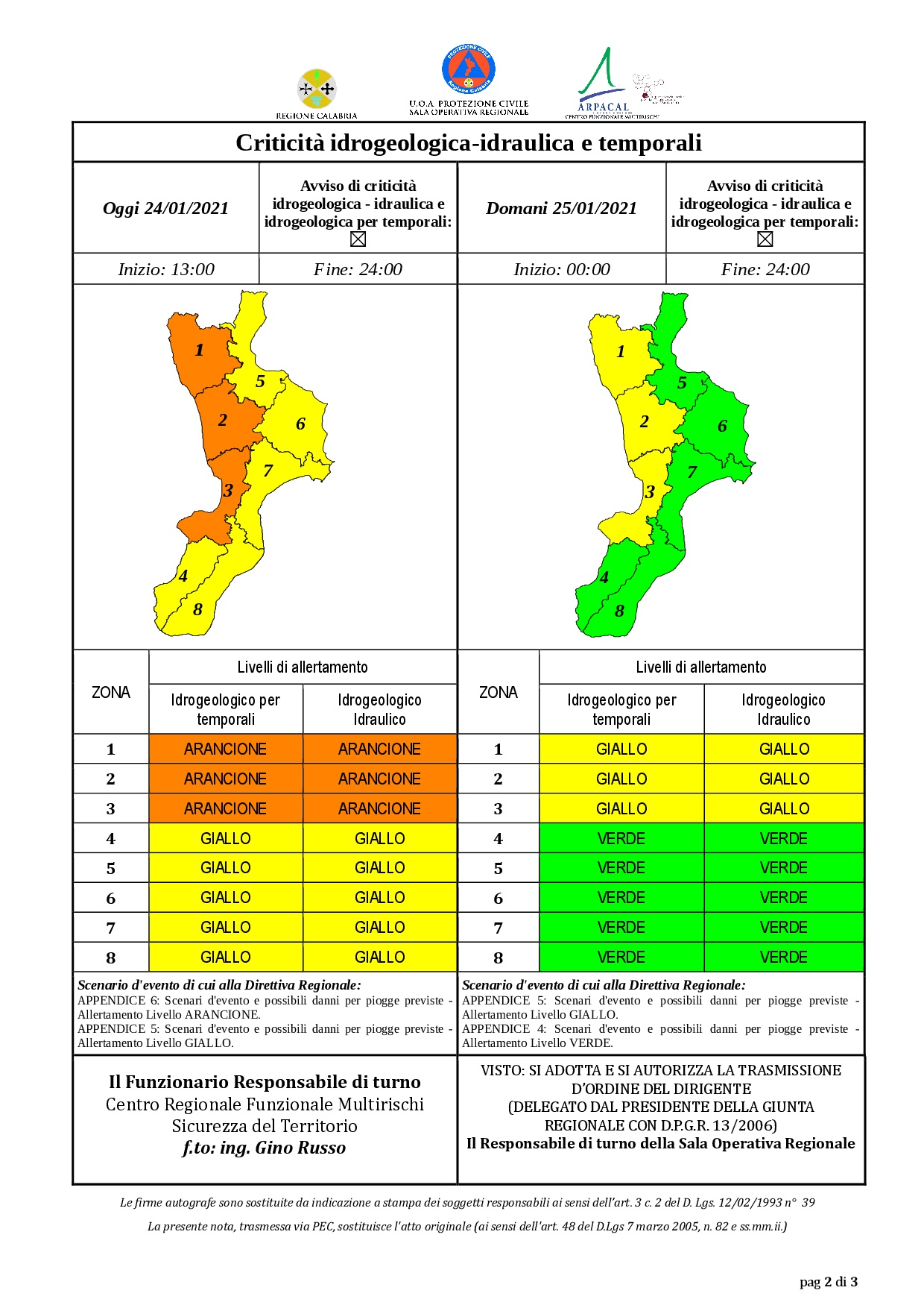 Criticità idrogeologica-idraulica e temporali in Calabria 24-01-2021