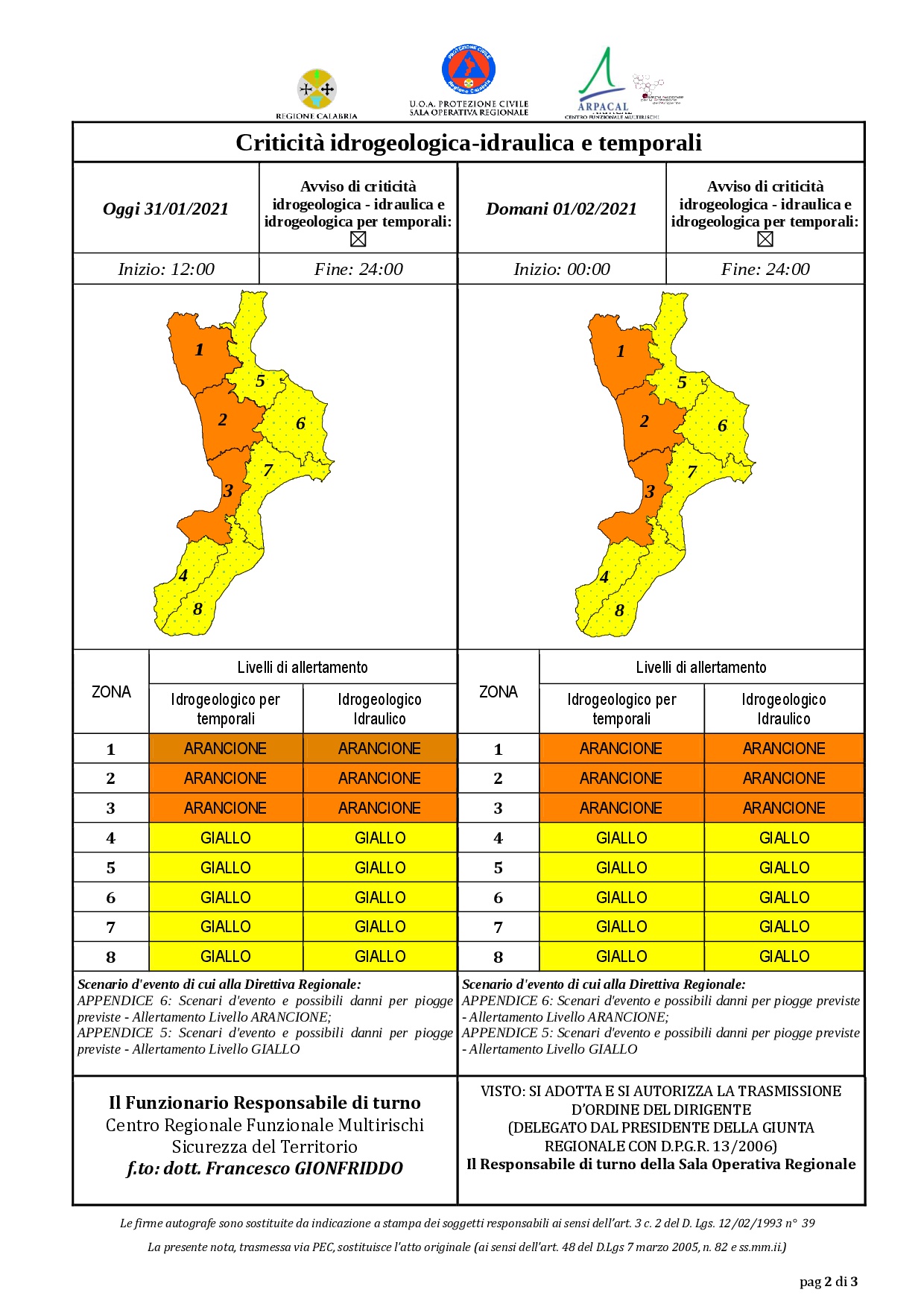 Criticità idrogeologica-idraulica e temporali in Calabria 31-01-2021