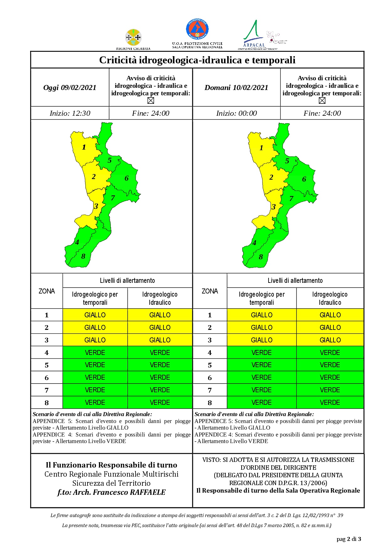 Criticità idrogeologica-idraulica e temporali in Calabria 09-02-2021