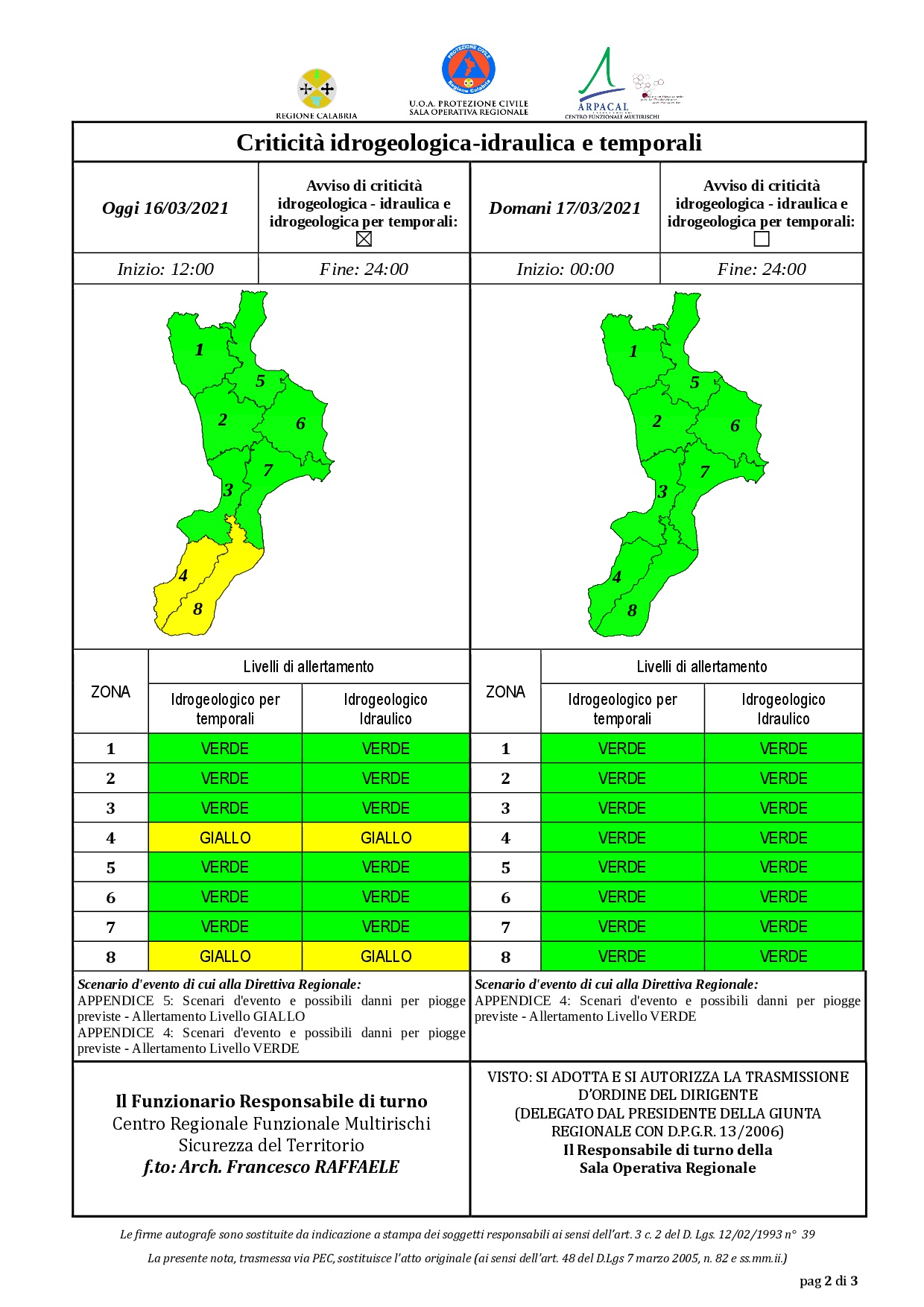 Criticità idrogeologica-idraulica e temporali in Calabria 16-03-2021