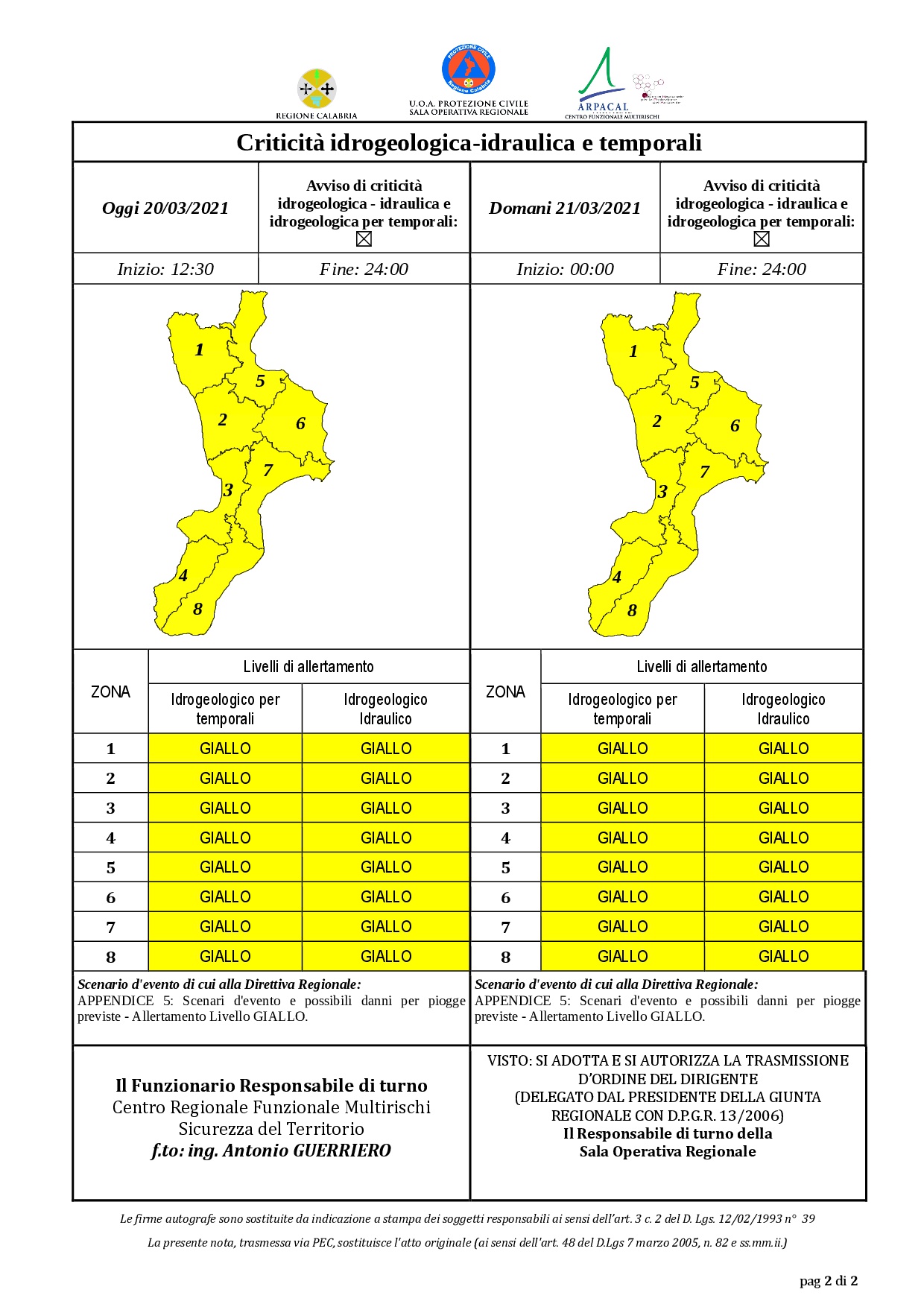 Criticità idrogeologica-idraulica e temporali in Calabria 20-03-2021