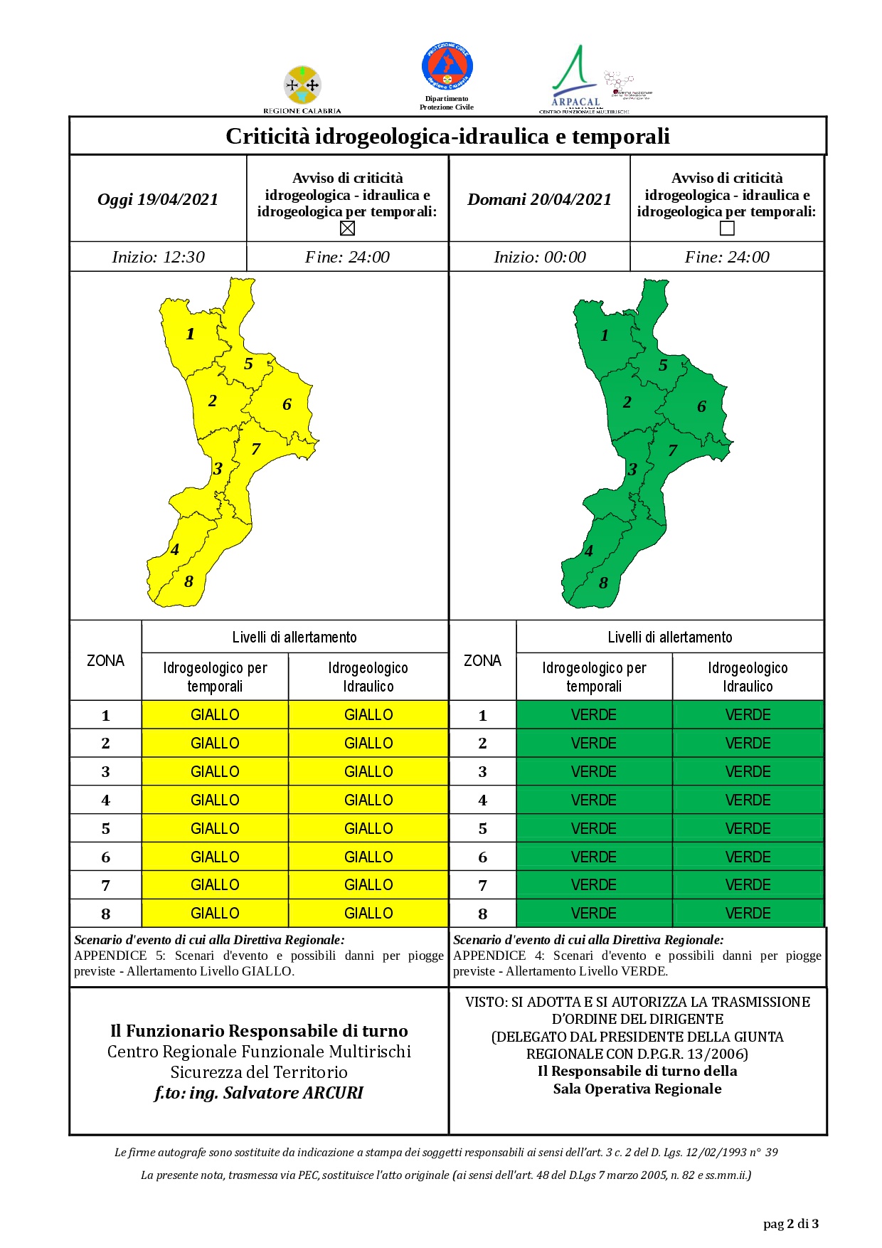 Criticità idrogeologica-idraulica e temporali in Calabria 19-04-2021