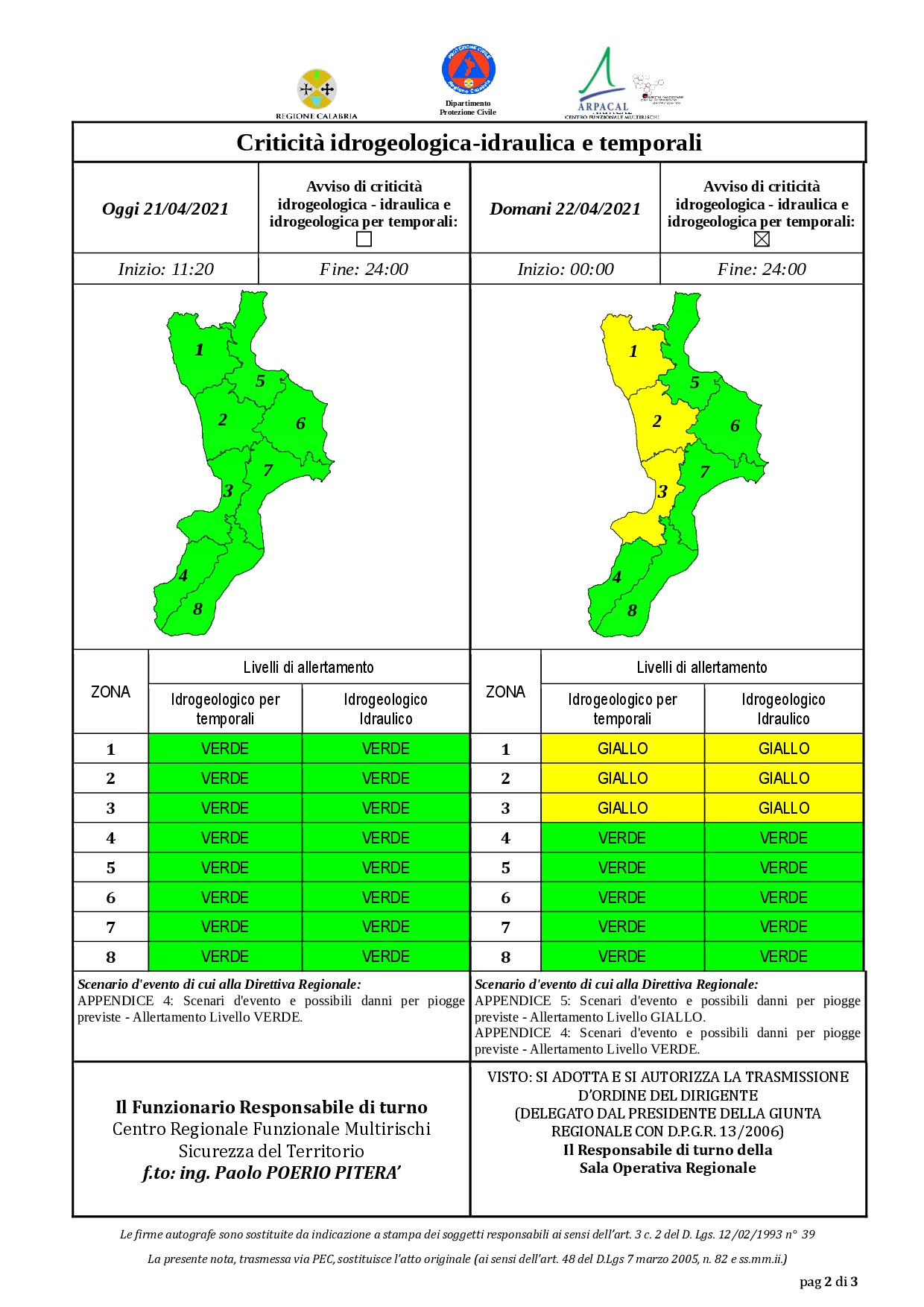 Criticità idrogeologica-idraulica e temporali in Calabria 21-04-2021