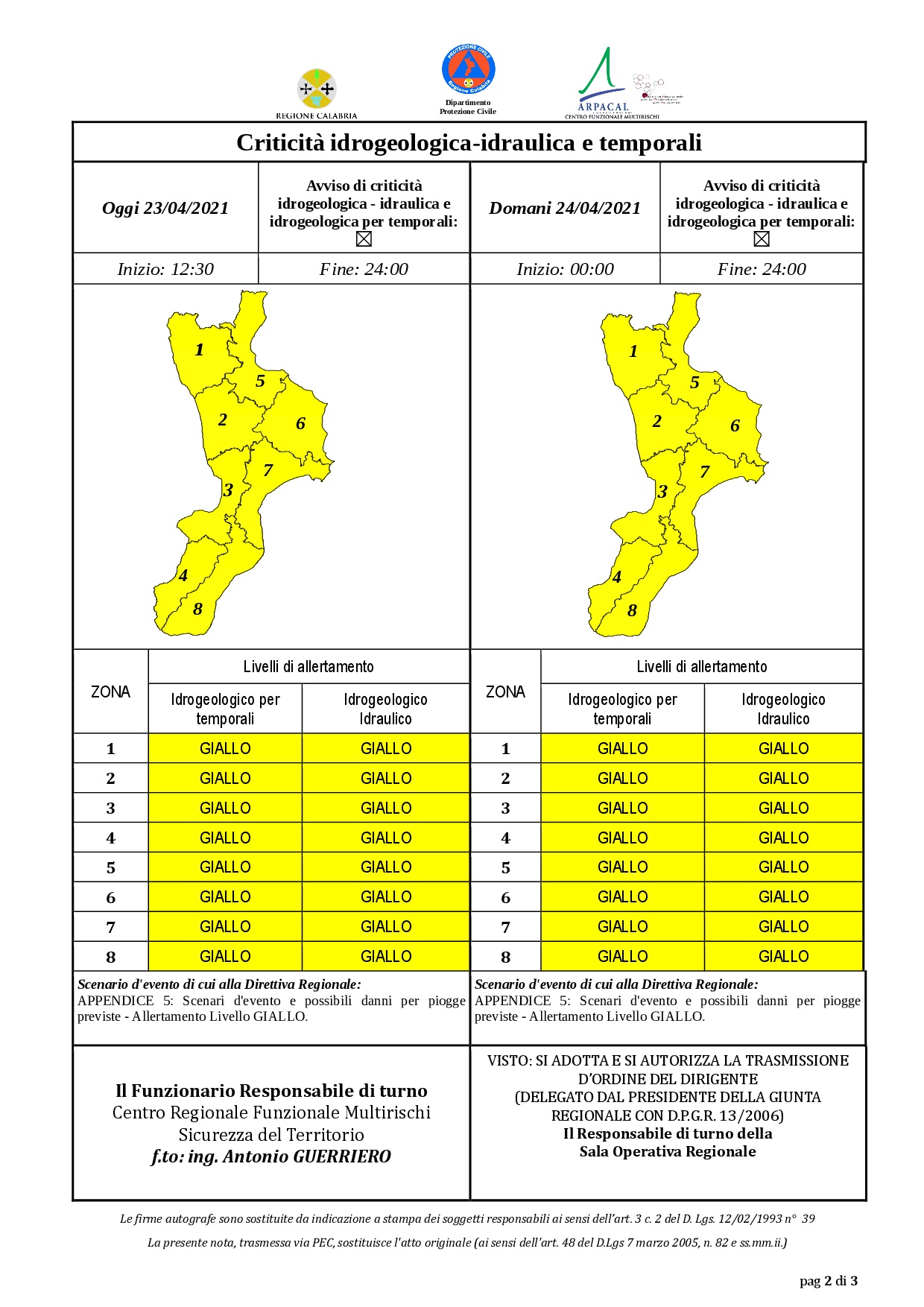 Criticità idrogeologica-idraulica e temporali in Calabria 23-04-2021