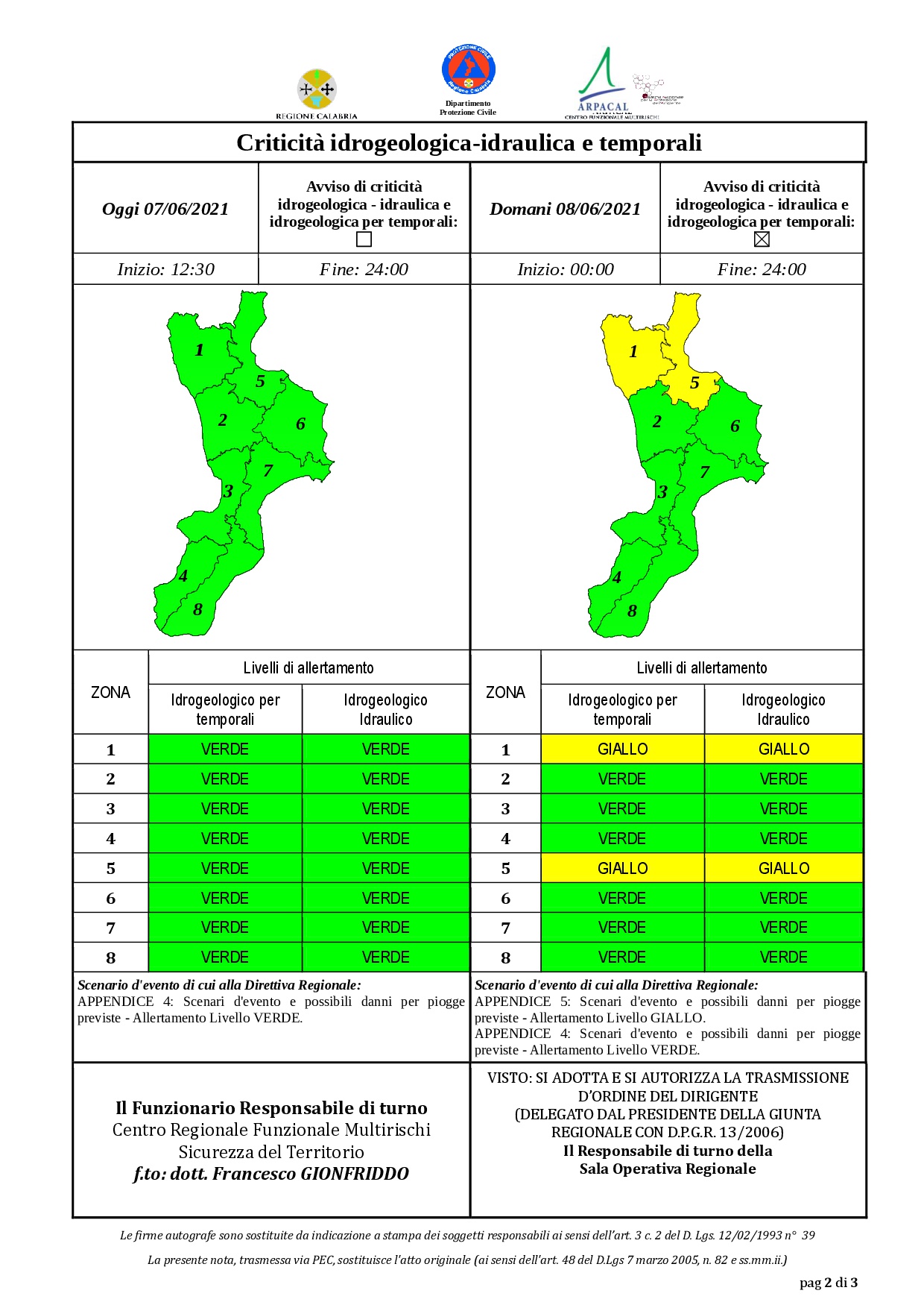 Criticità idrogeologica-idraulica e temporali in Calabria 07-06-2021