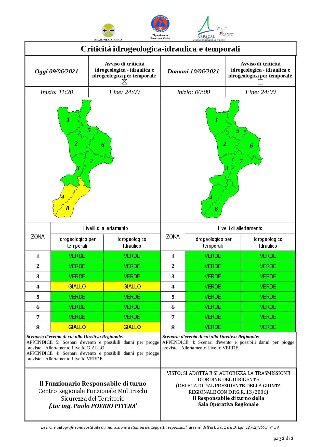 Criticità idrogeologica-idraulica e temporali in Calabria 09-06-2021