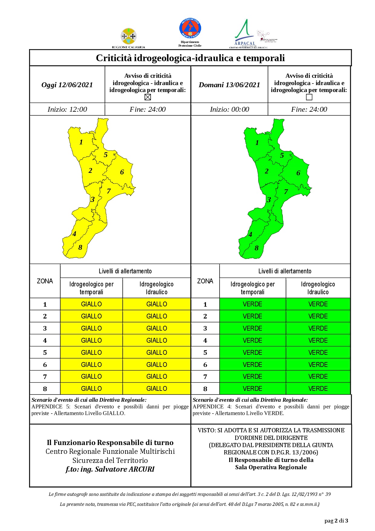 Criticità idrogeologica-idraulica e temporali in Calabria 12-06-2021