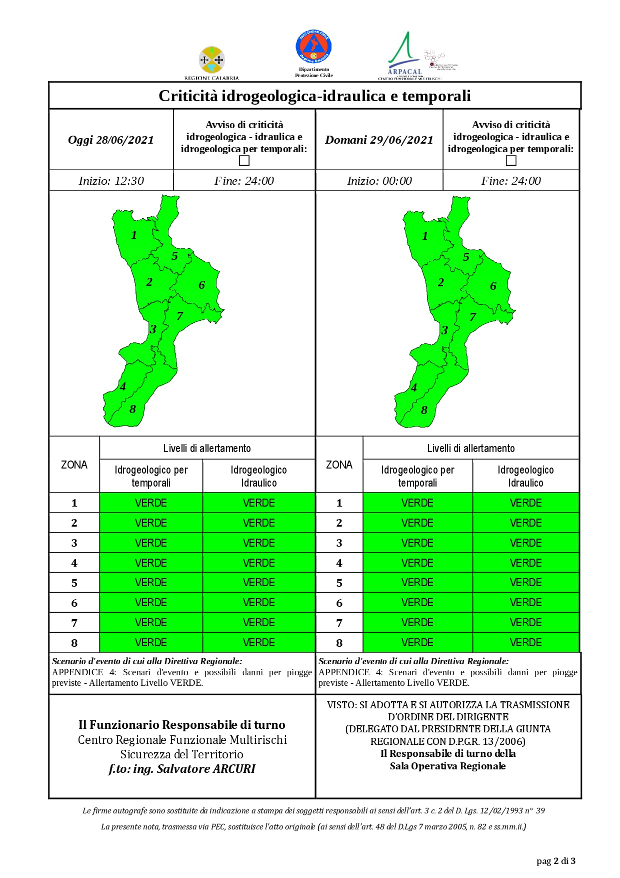 Criticità idrogeologica-idraulica e temporali in Calabria 28-06-2021