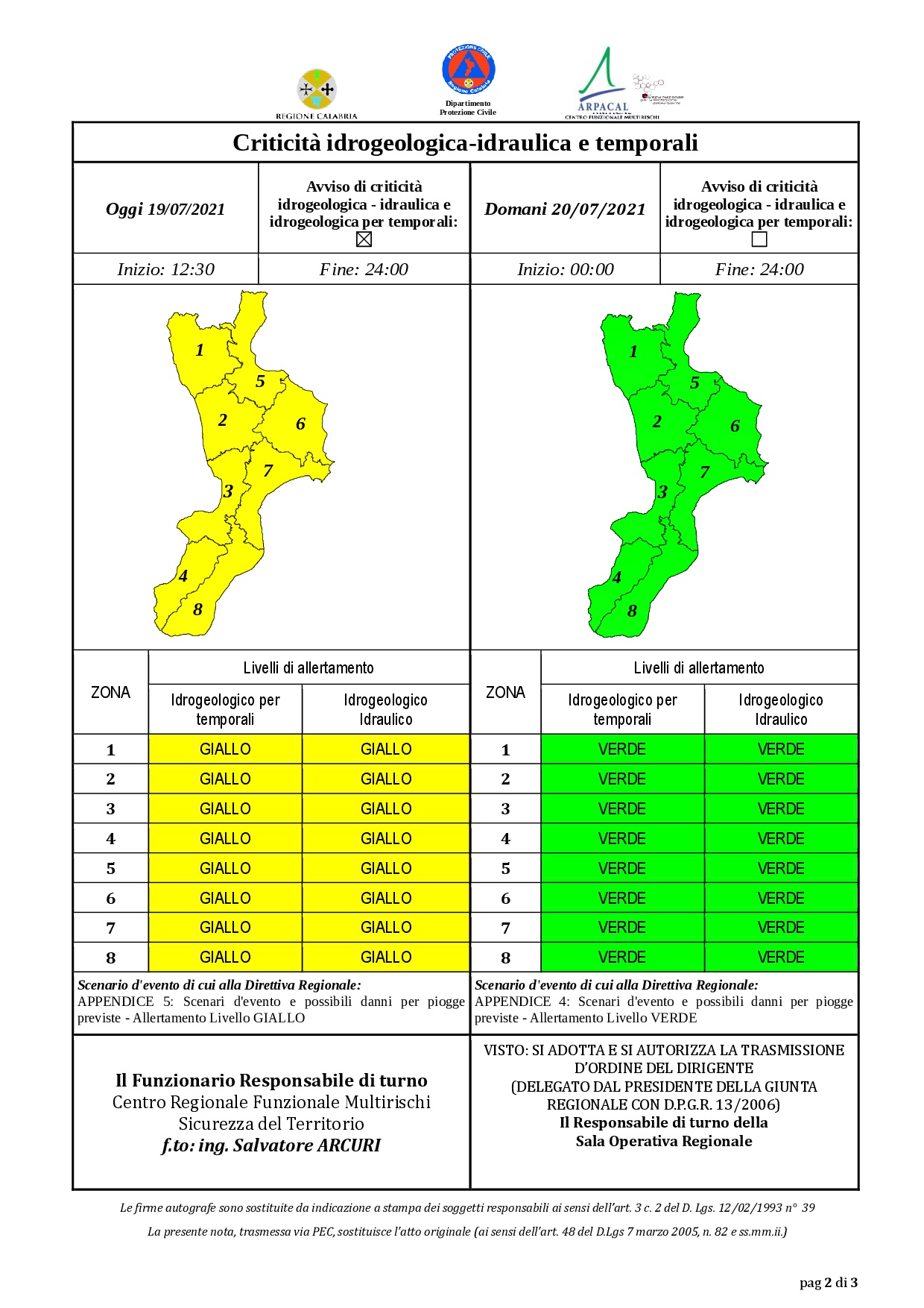Criticità idrogeologica-idraulica e temporali in Calabria 19-07-2021