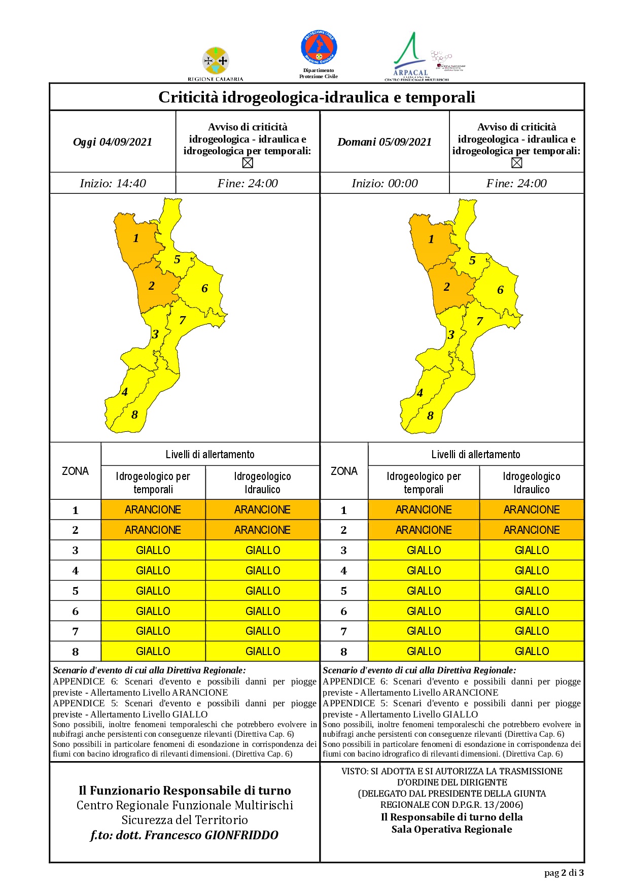 Criticità idrogeologica-idraulica e temporali in Calabria 04-09-2021