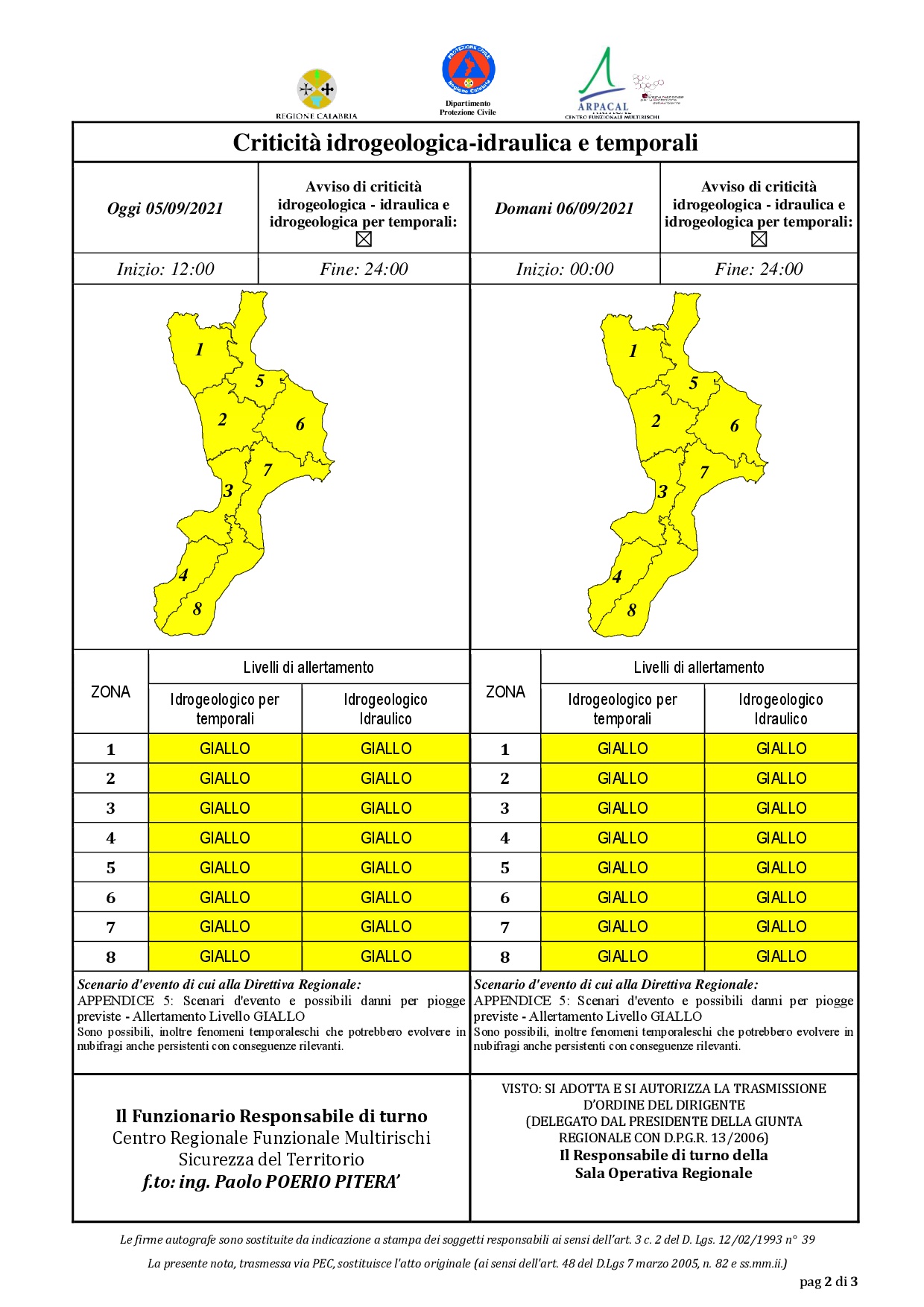 Criticità idrogeologica-idraulica e temporali in Calabria 05-09-2021