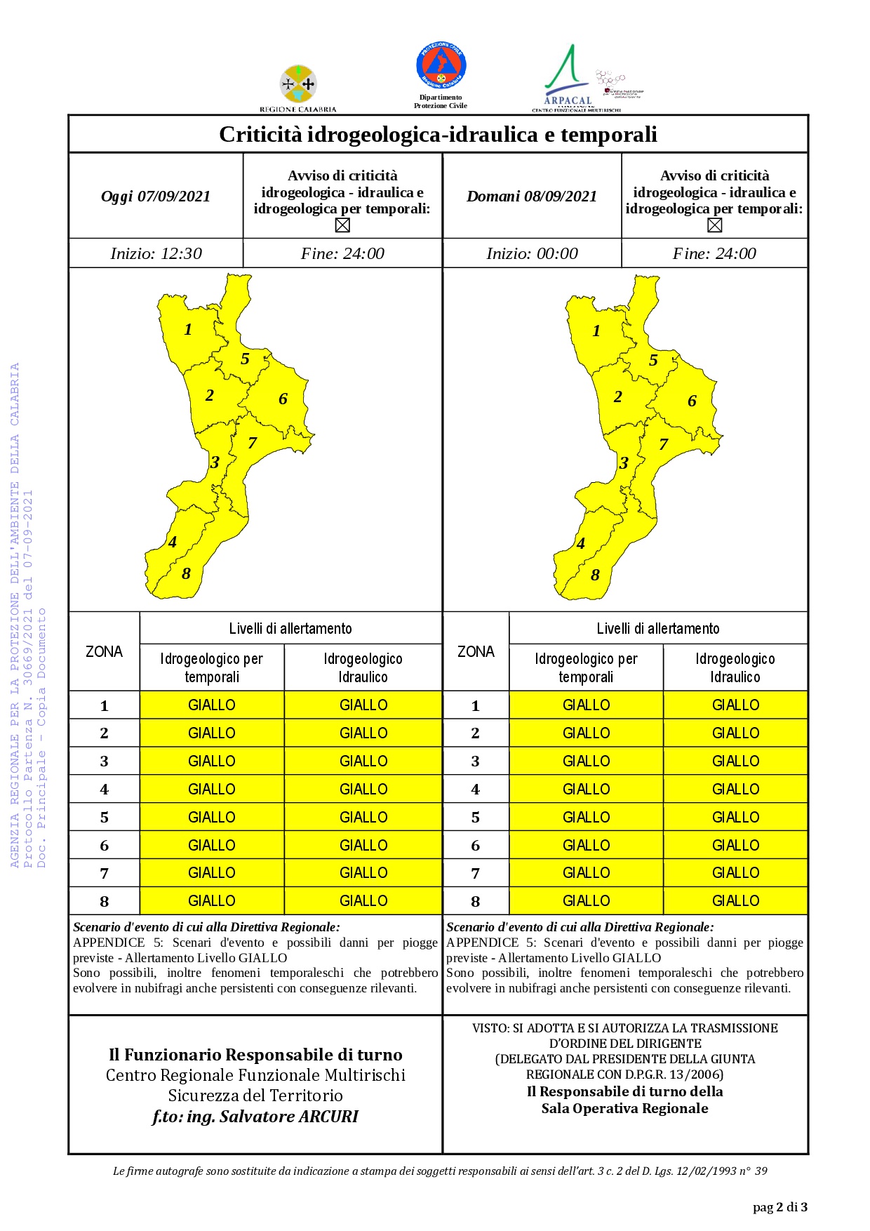 Criticità idrogeologica-idraulica e temporali in Calabria 07-09-2021