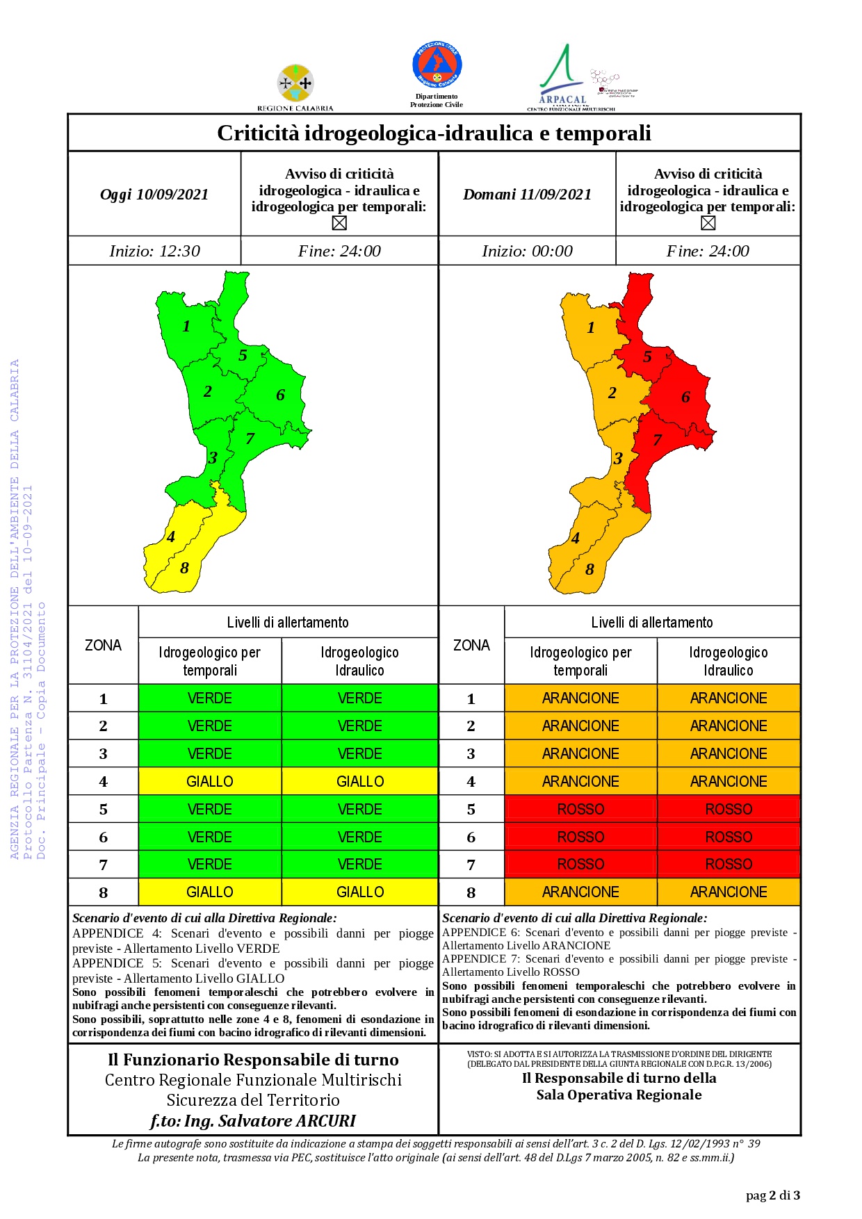 Criticità idrogeologica-idraulica e temporali in Calabria 10-09-2021
