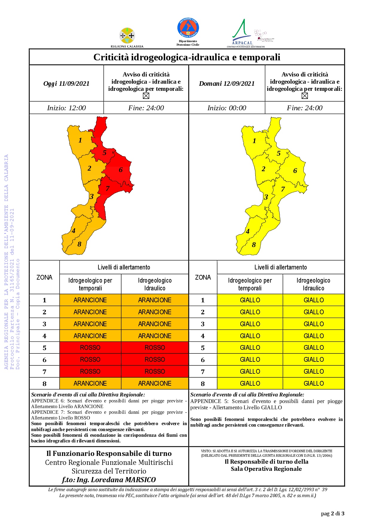 Criticità idrogeologica-idraulica e temporali in Calabria 11-09-2021