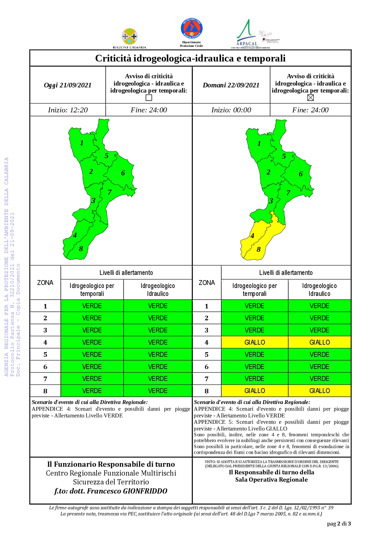 Criticità idrogeologica-idraulica e temporali in Calabria 21-09-2021