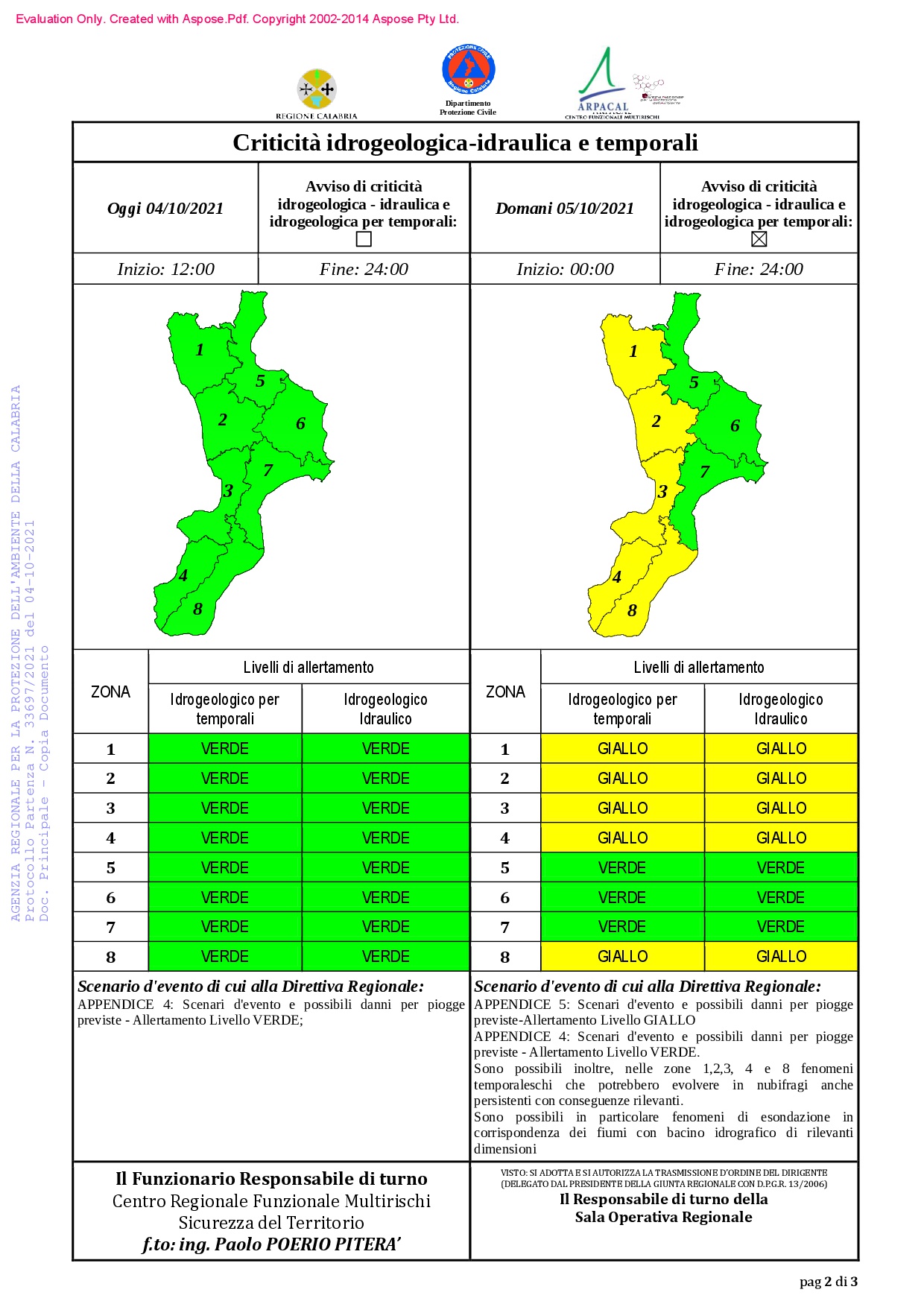 Criticità idrogeologica-idraulica e temporali in Calabria 04-10-2021