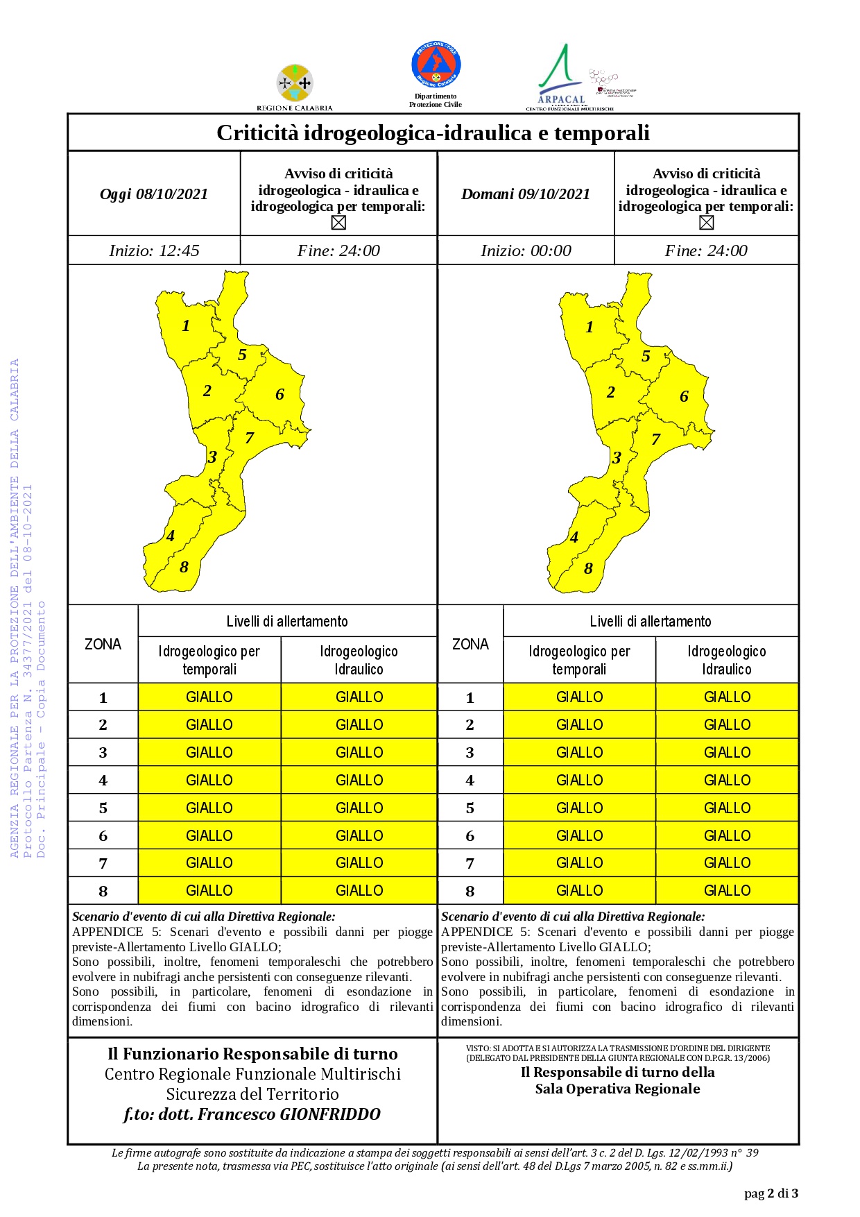 Criticità idrogeologica-idraulica e temporali in Calabria 08-10-2021