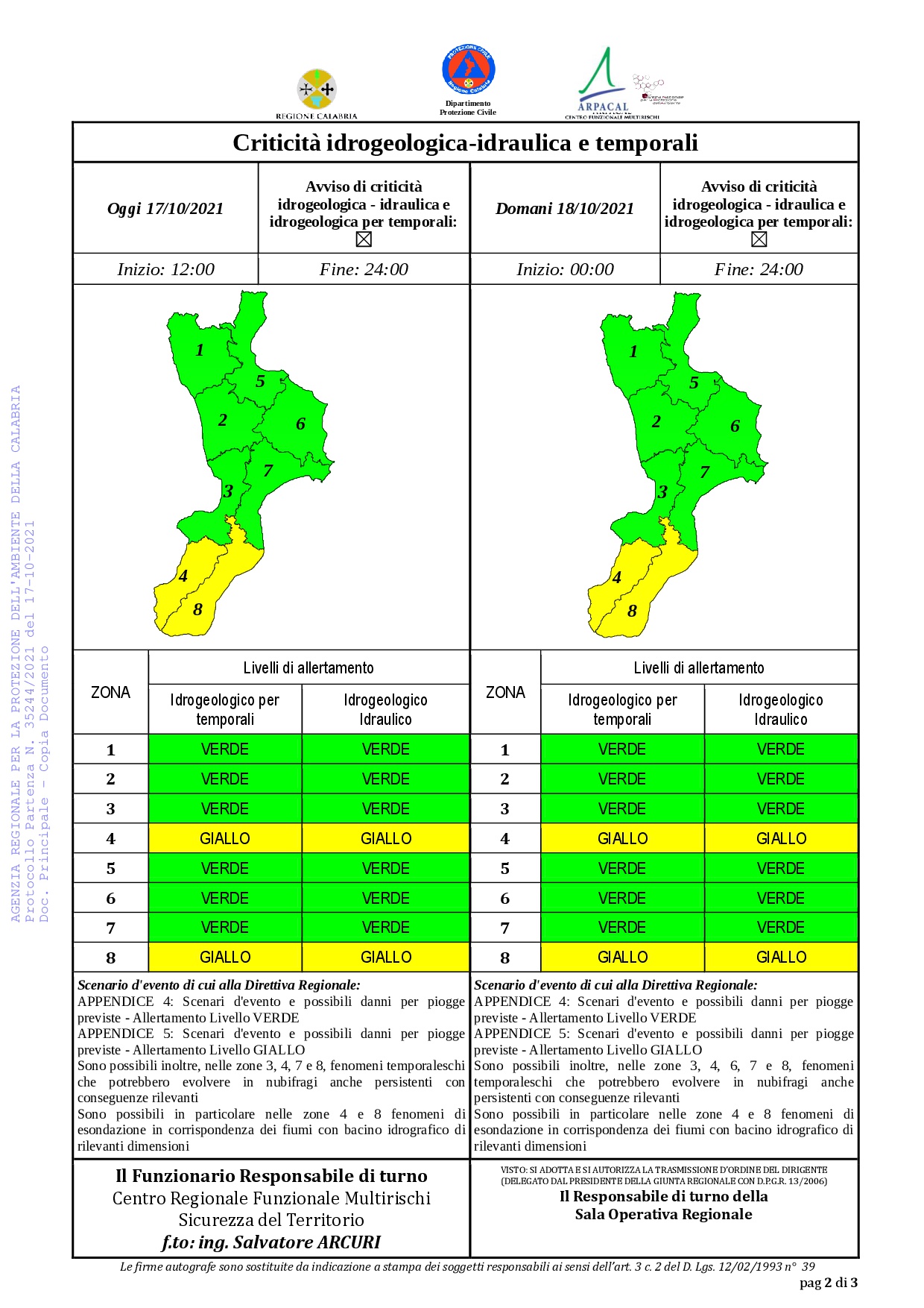 Criticità idrogeologica-idraulica e temporali in Calabria 17-10-2021