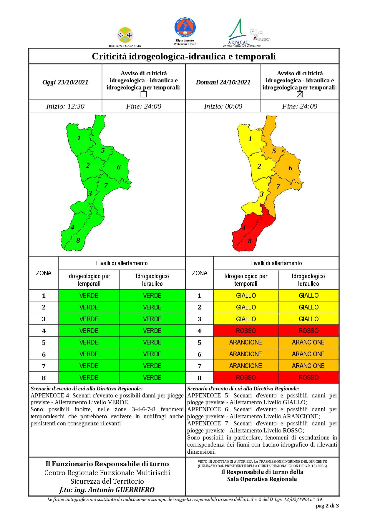 Criticità idrogeologica-idraulica e temporali in Calabria 23-10-2021