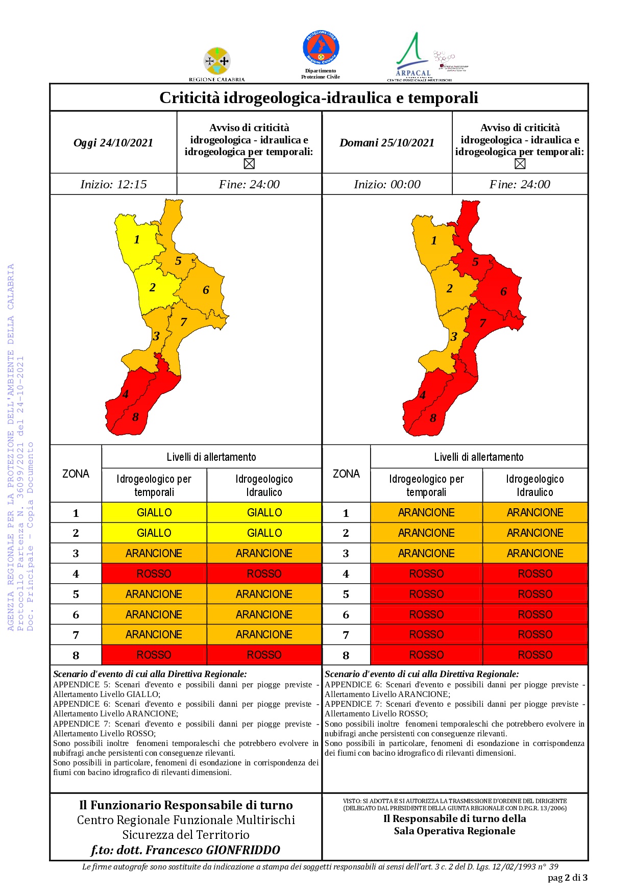 Criticità idrogeologica-idraulica e temporali in Calabria 24-10-2021