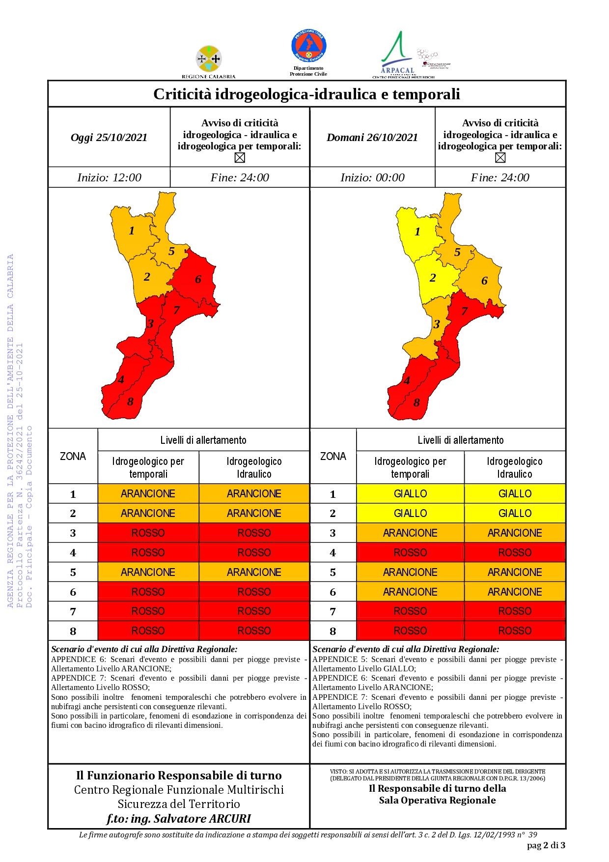 Criticità idrogeologica-idraulica e temporali in Calabria 25-10-2021