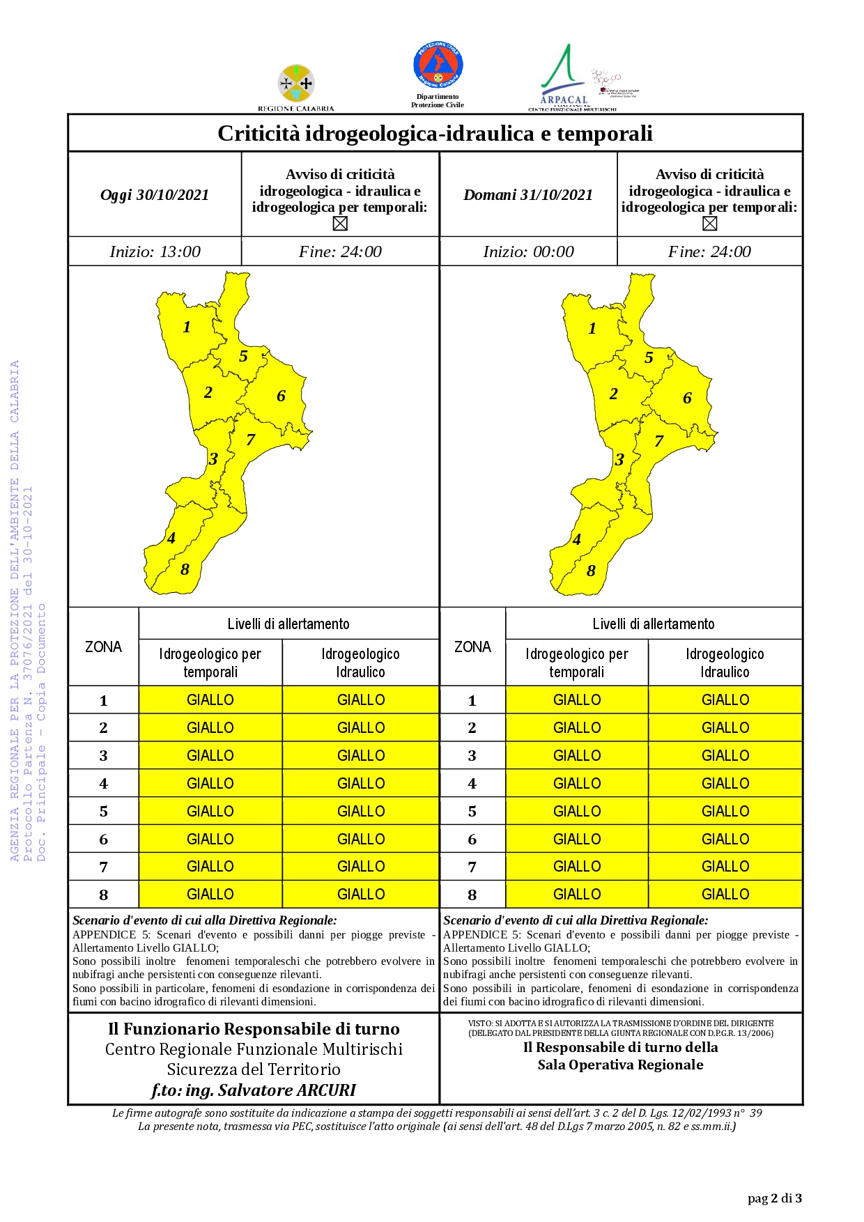 Criticità idrogeologica-idraulica e temporali in Calabria 30-10-2021