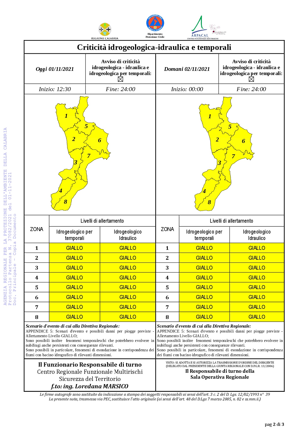 Criticità idrogeologica-idraulica e temporali in Calabria 01-11-2021