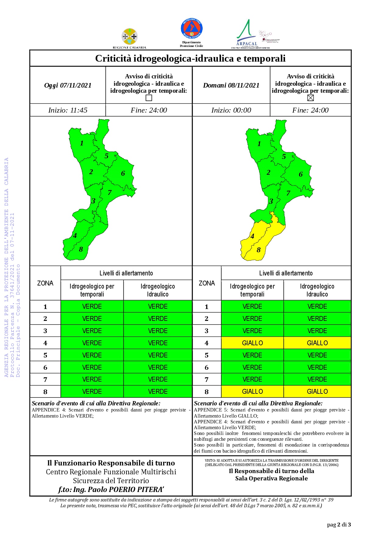 Criticità idrogeologica-idraulica e temporali in Calabria 07-11-2021