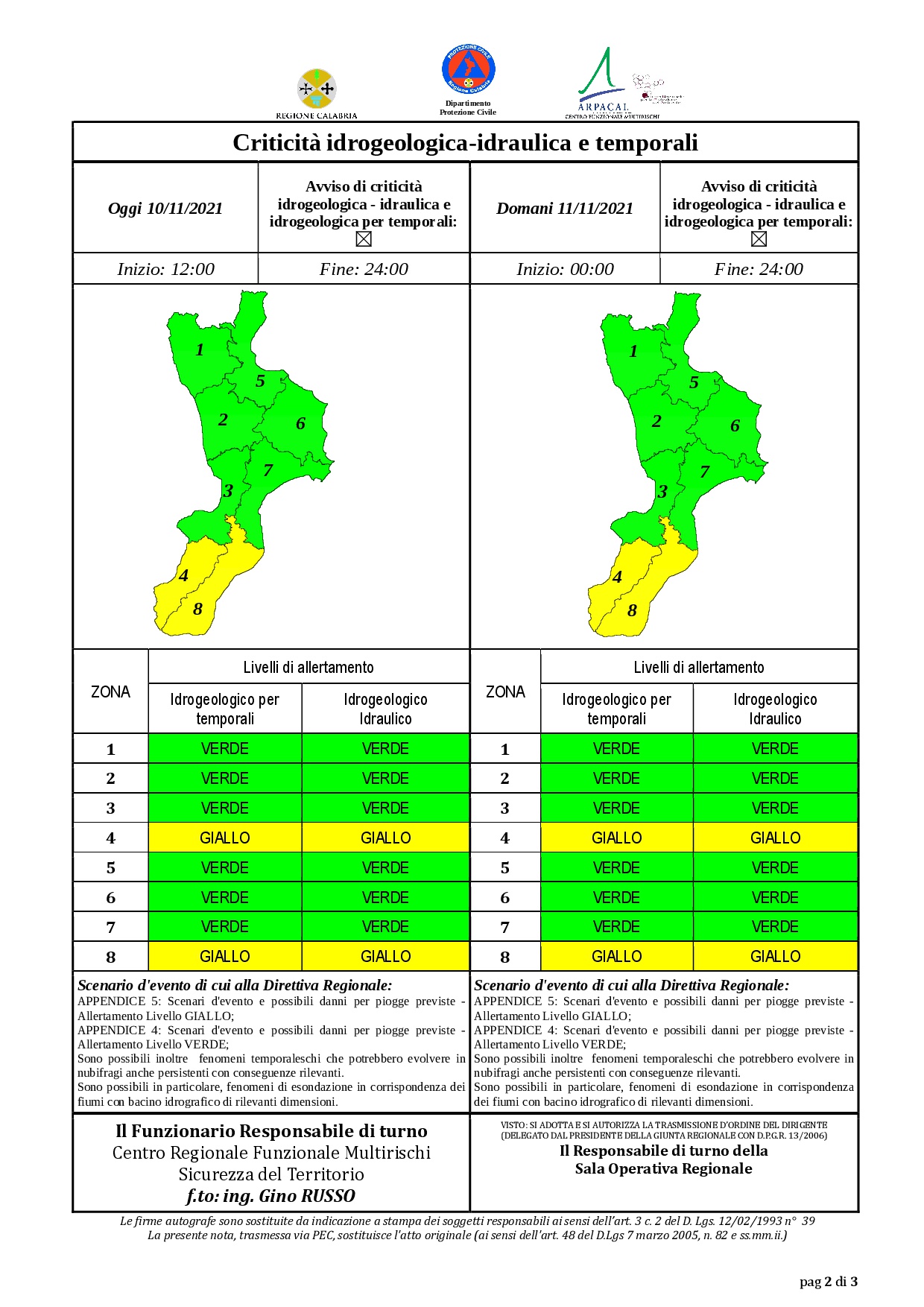 Criticità idrogeologica-idraulica e temporali in Calabria 10-11-2021