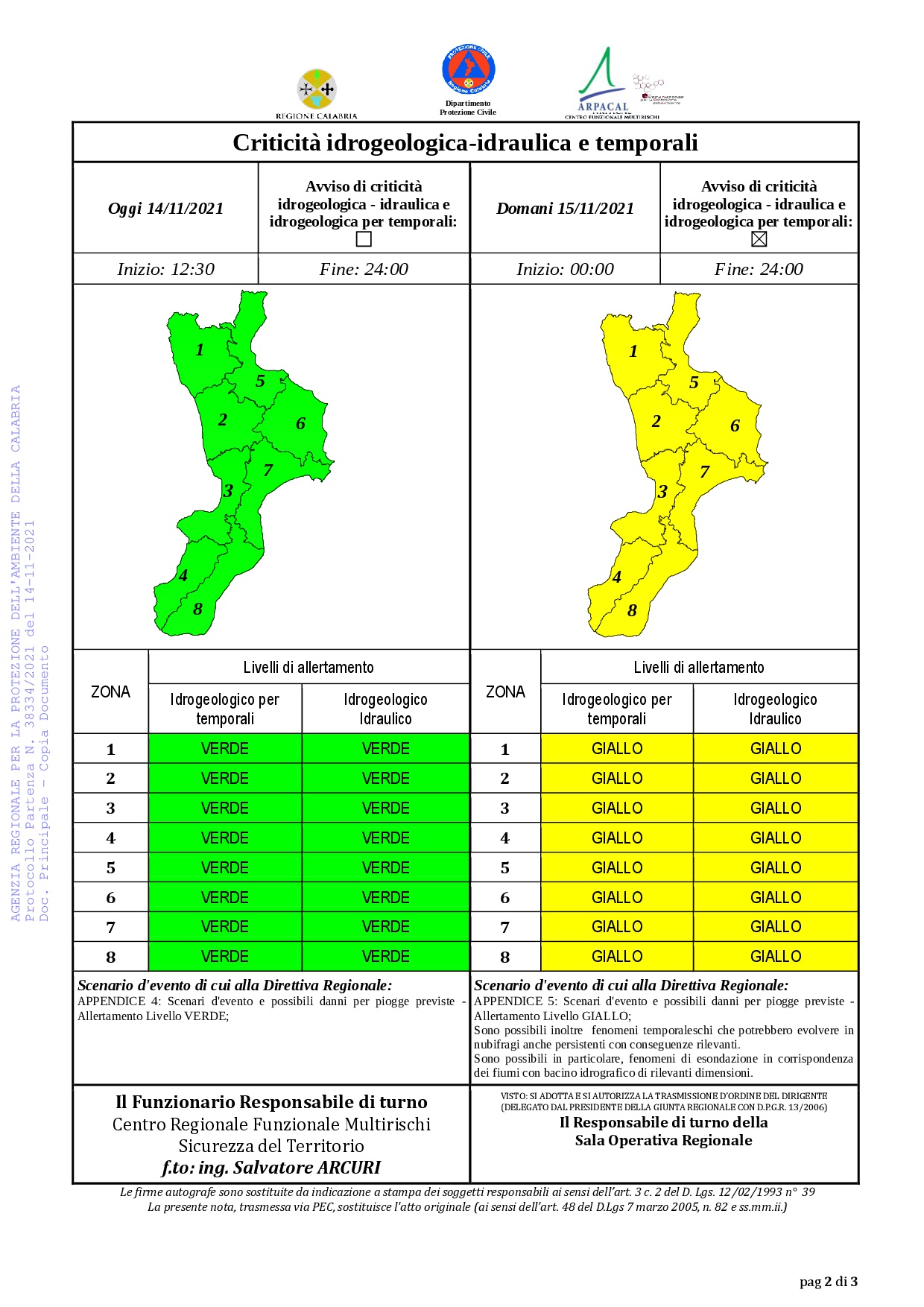 Criticità idrogeologica-idraulica e temporali in Calabria 14-11-2021