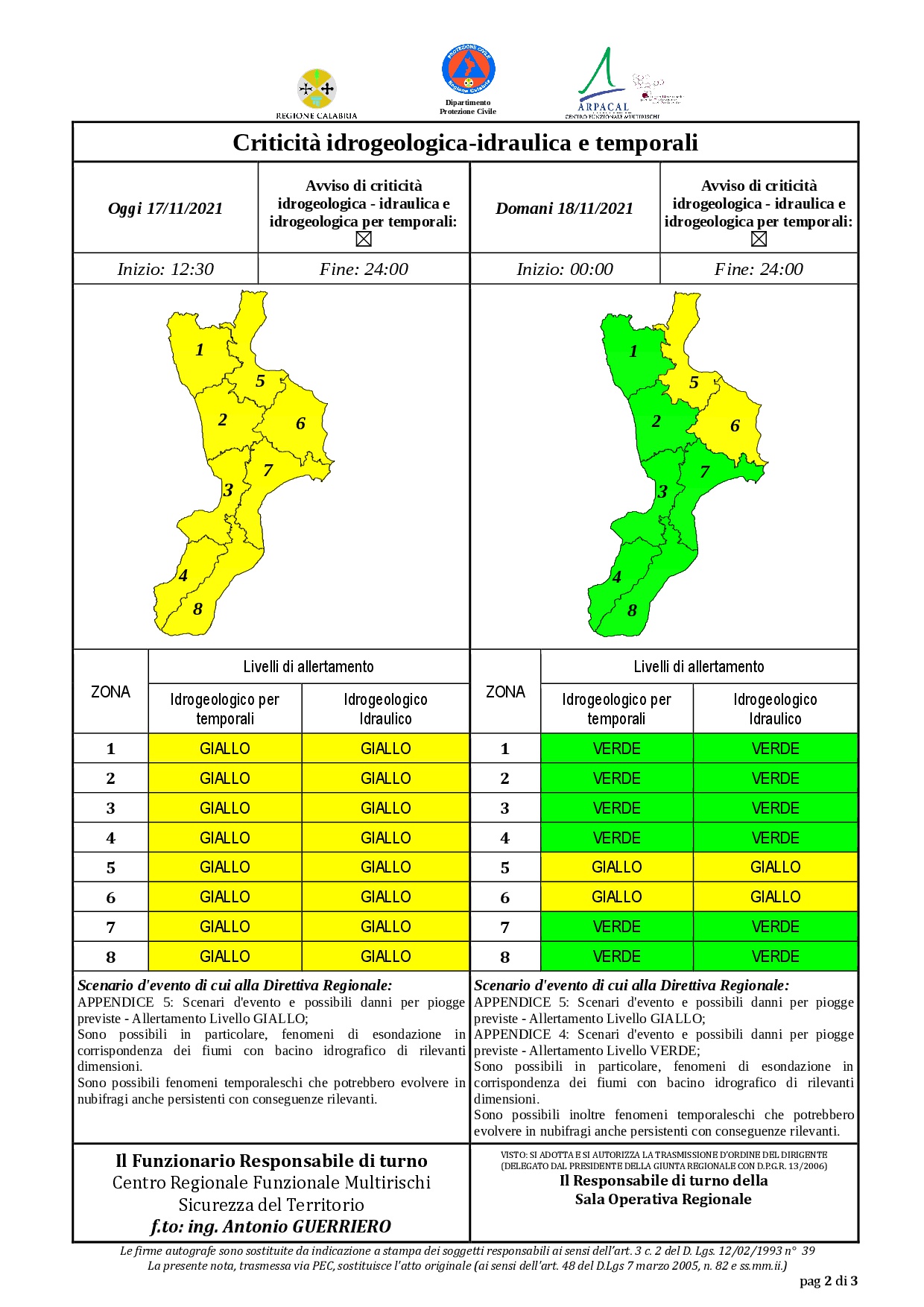 Criticità idrogeologica-idraulica e temporali in Calabria 17-11-2021