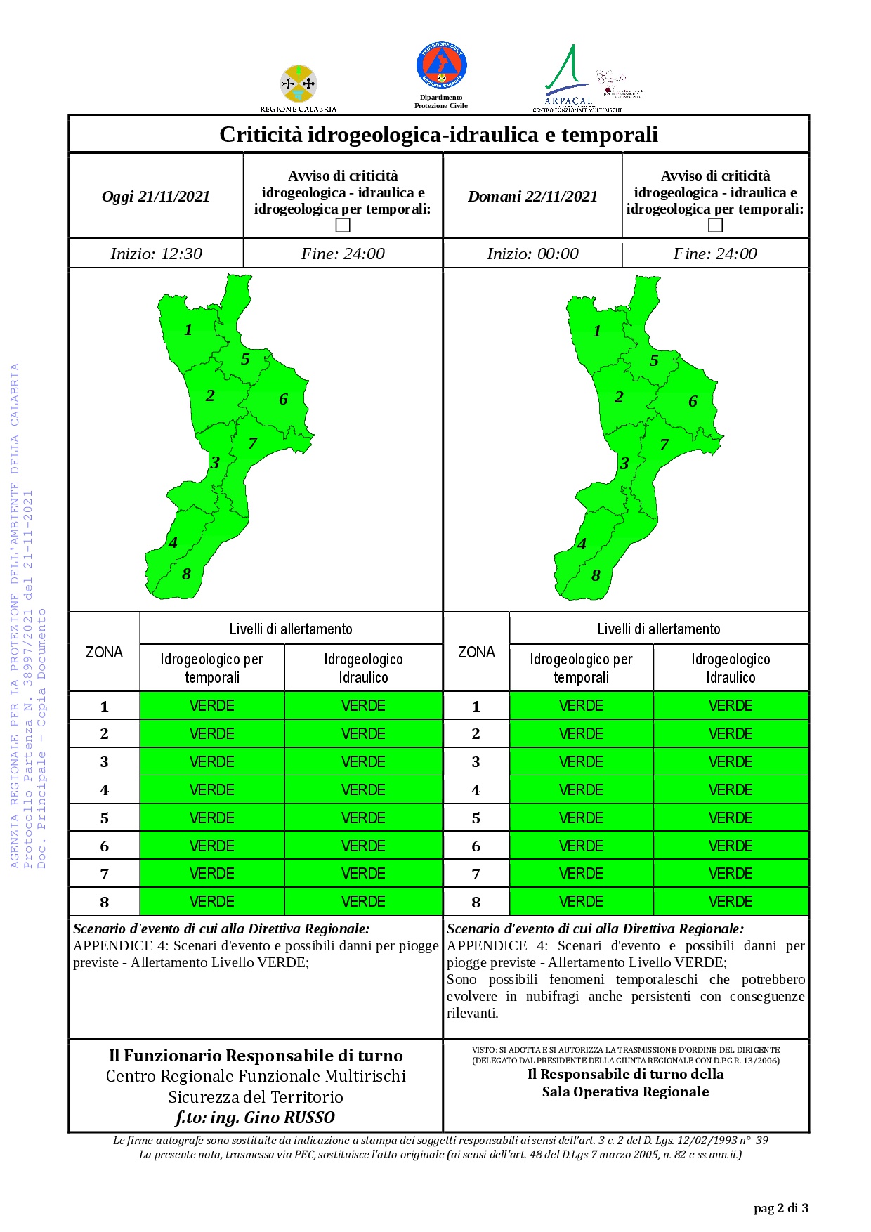 Criticità idrogeologica-idraulica e temporali in Calabria 21-11-2021