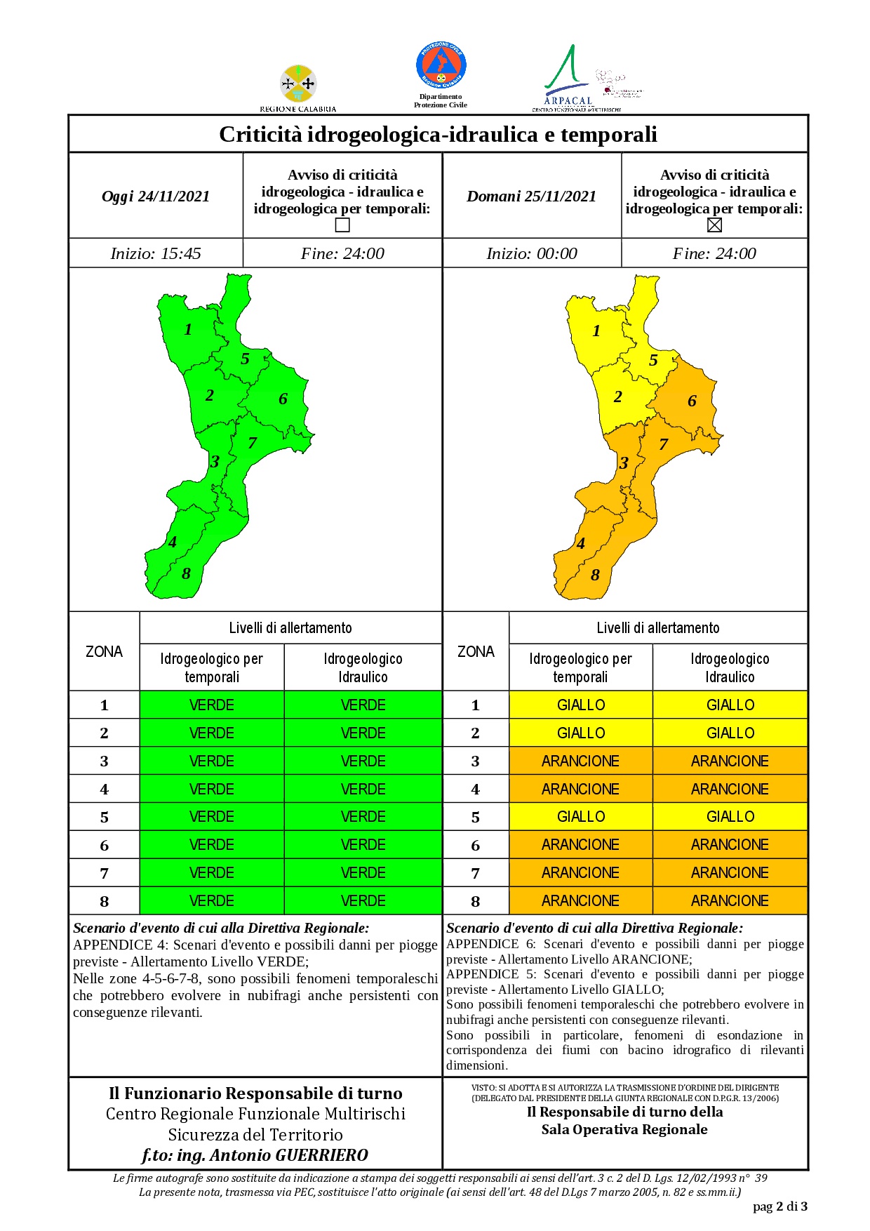 Criticità idrogeologica-idraulica e temporali in Calabria 24-11-2021