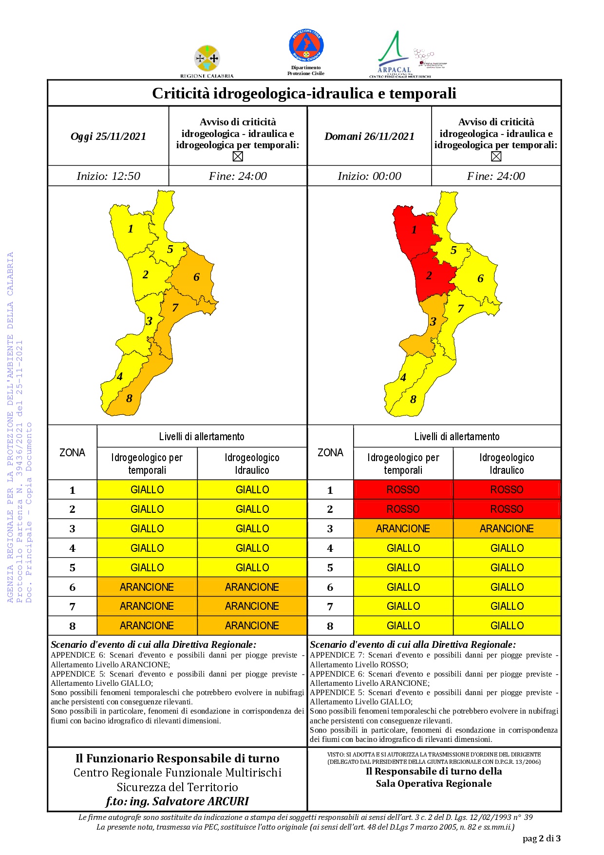 Criticità idrogeologica-idraulica e temporali in Calabria 25-11-2021