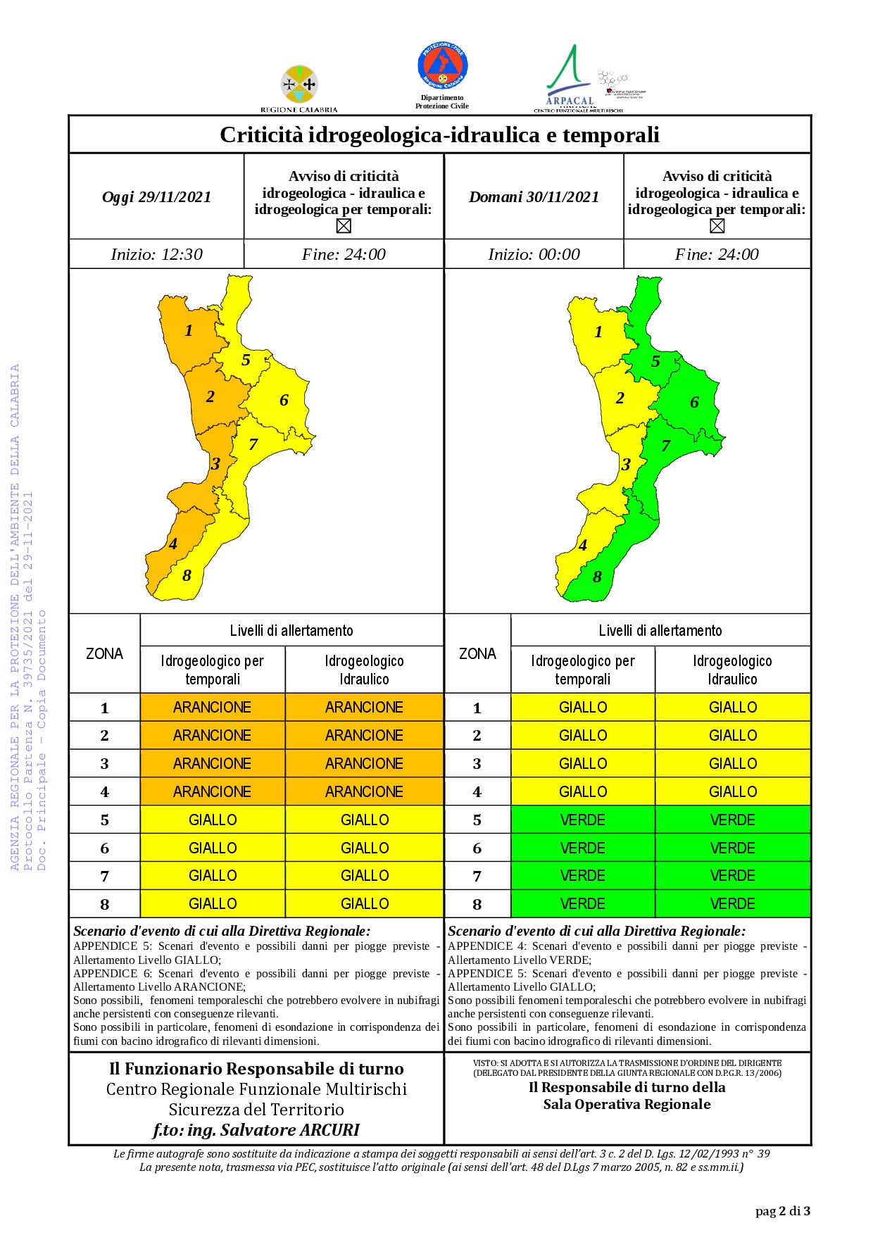 Criticità idrogeologica-idraulica e temporali in Calabria 29-11-2021