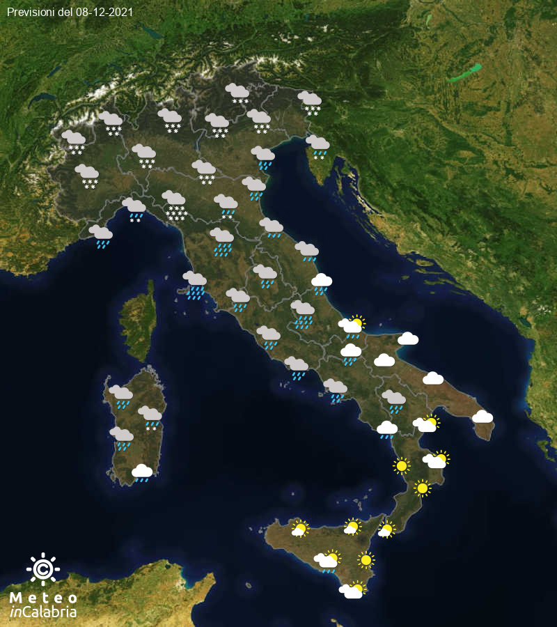 Previsioni del tempo in Italia per il giorno 08/12/2021