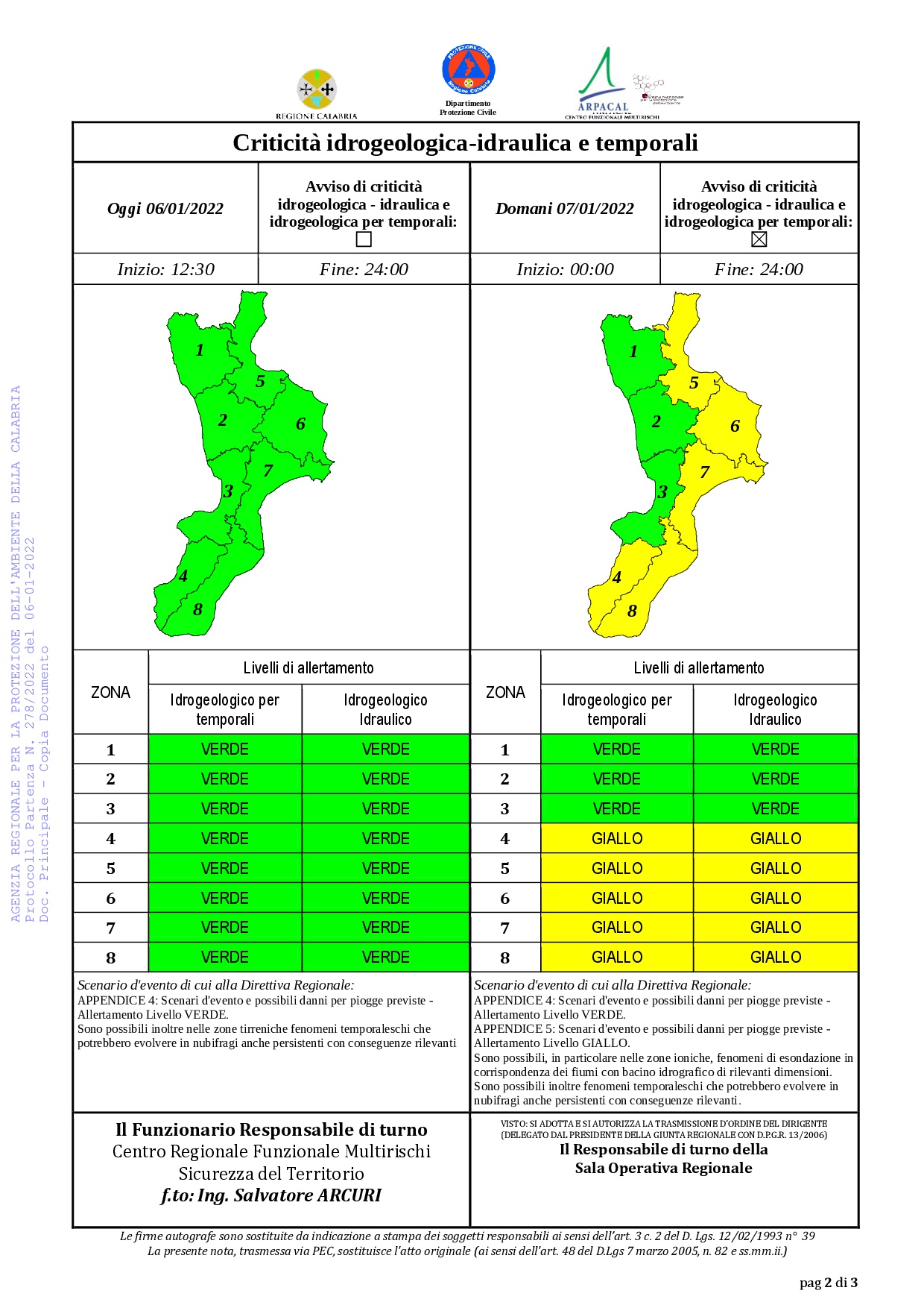 Criticità idrogeologica-idraulica e temporali in Calabria 06-01-2022