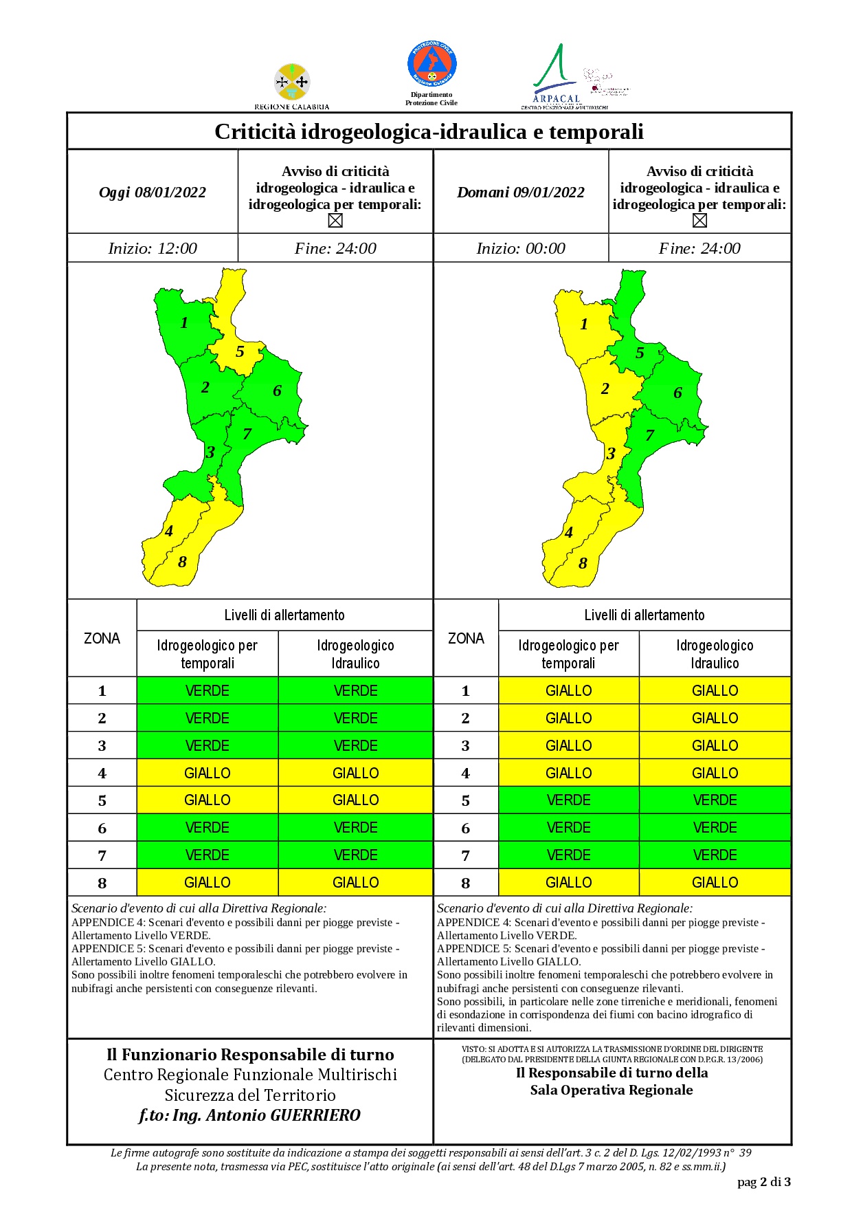 Criticità idrogeologica-idraulica e temporali in Calabria 08-01-2022