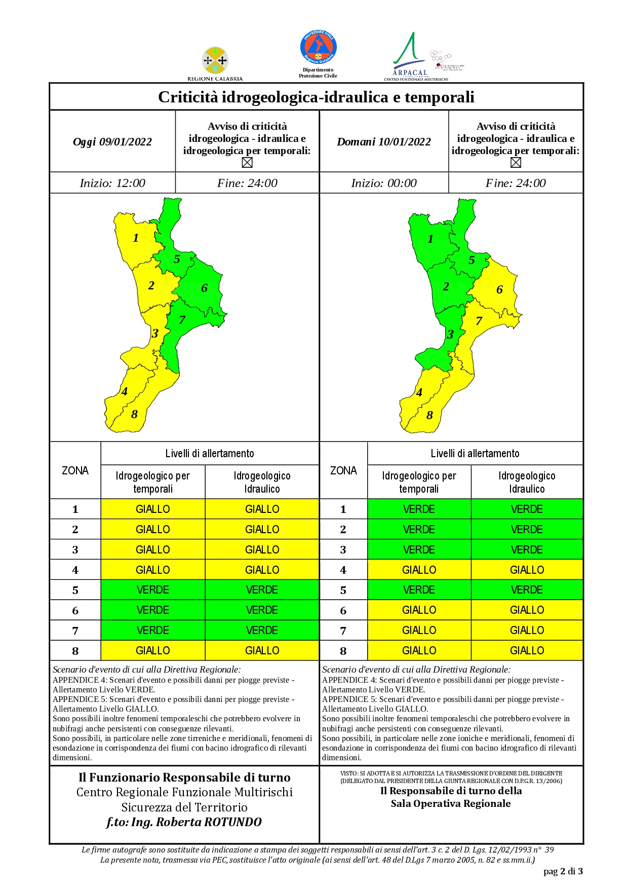 Criticità idrogeologica-idraulica e temporali in Calabria 09-01-2022