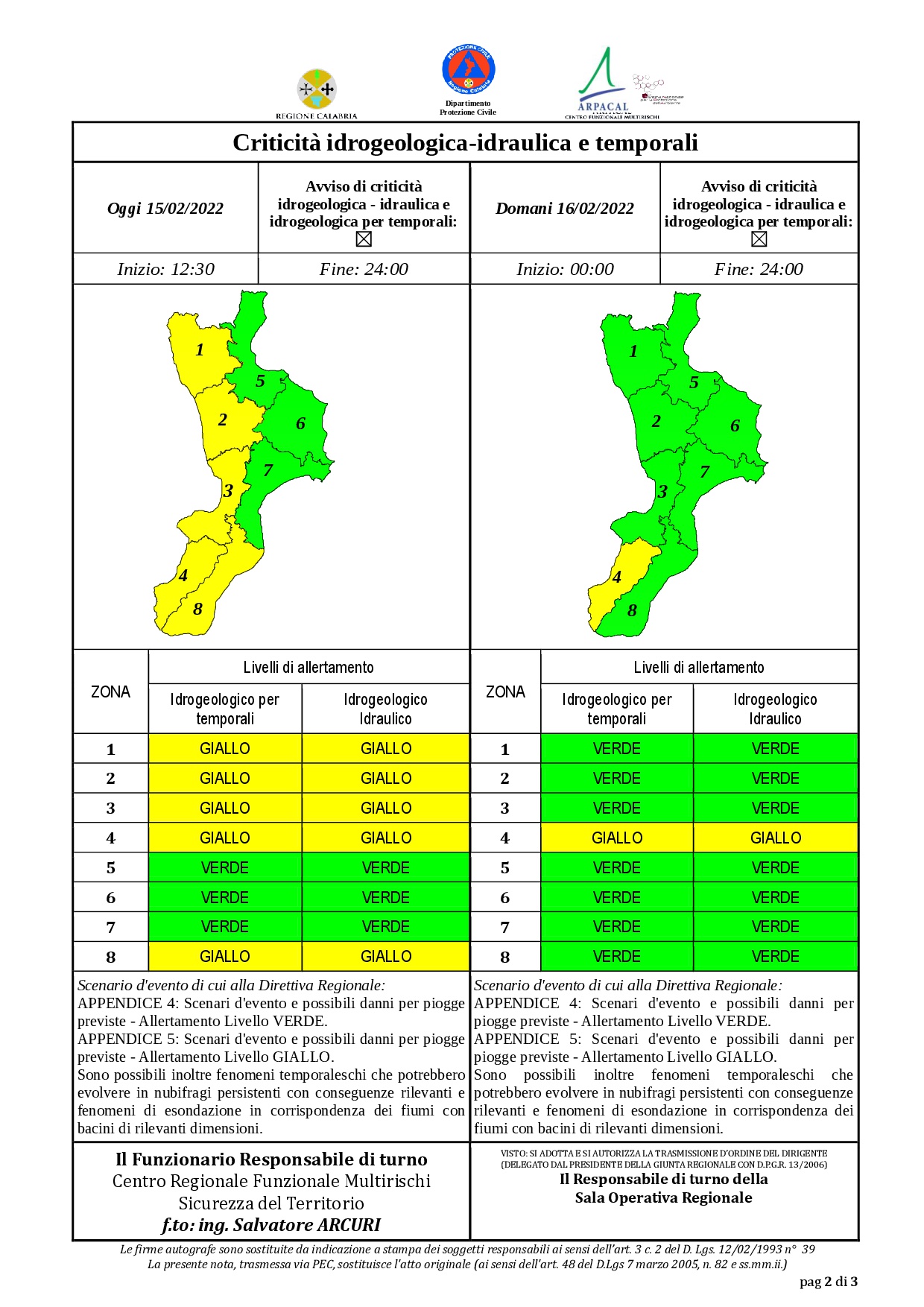 Criticità idrogeologica-idraulica e temporali in Calabria 15-02-2022