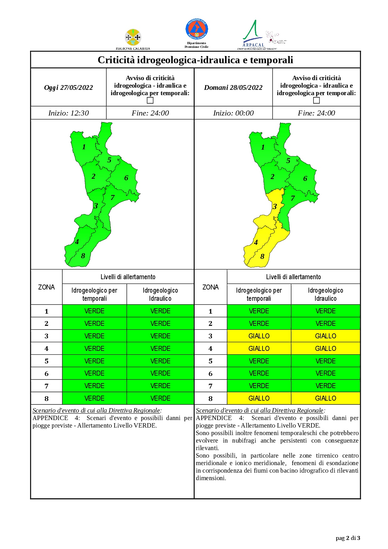 Criticità idrogeologica-idraulica e temporali in Calabria 27-05-2022