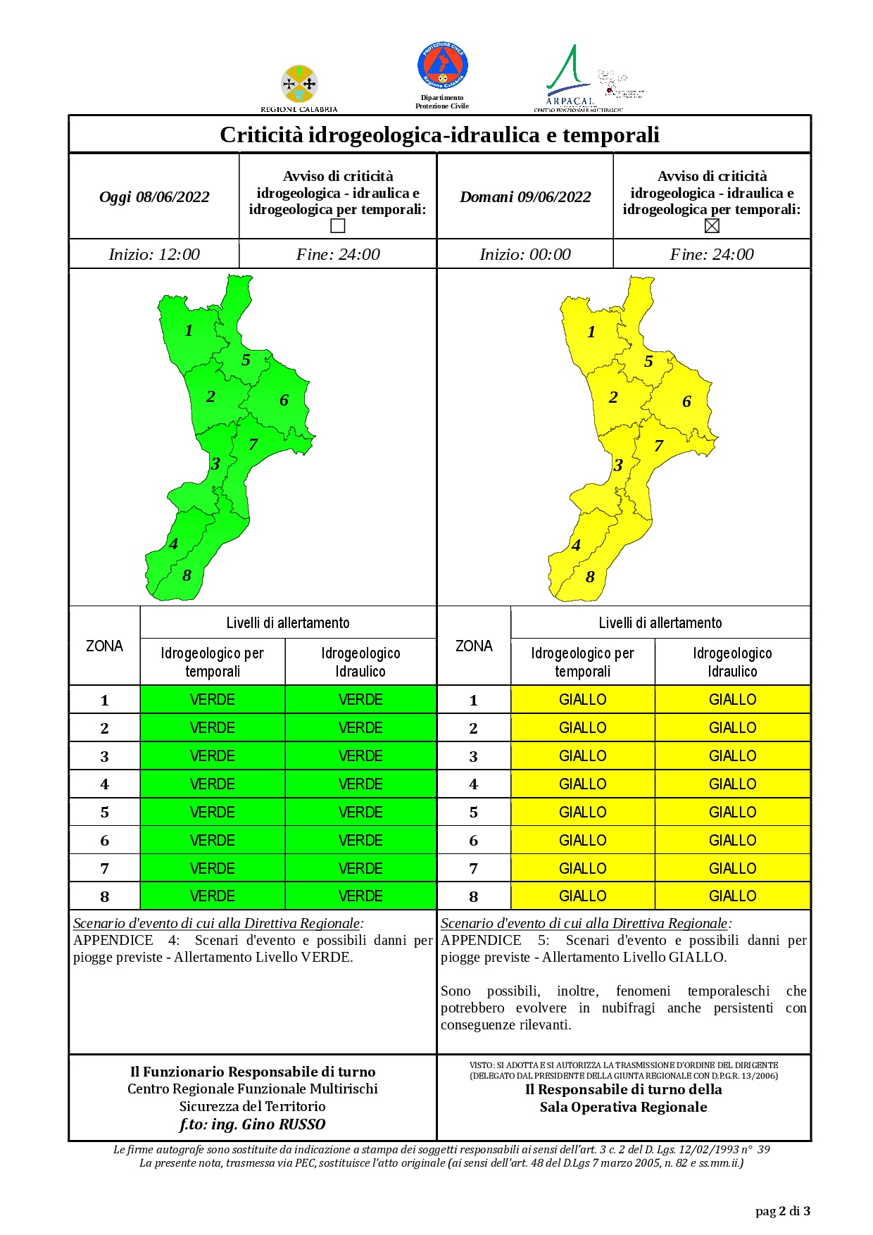 Criticità idrogeologica-idraulica e temporali in Calabria 08-06-2022