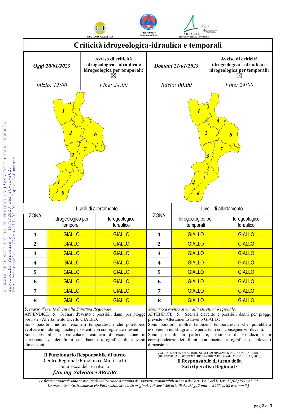 Criticità idrogeologica-idraulica e temporali in Calabria 20-01-2023