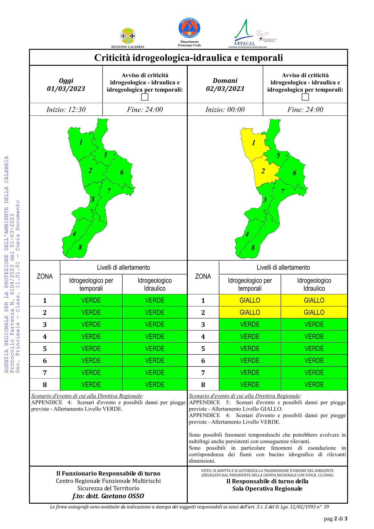 Criticità idrogeologica-idraulica e temporali in Calabria 01-03-2023