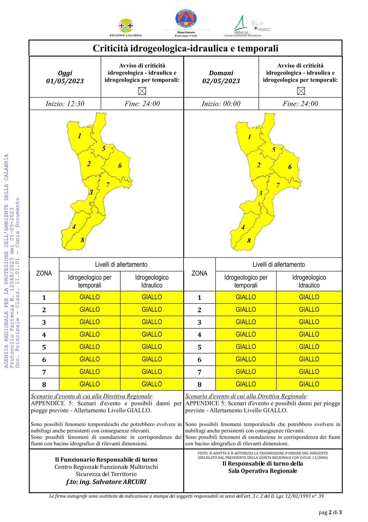 Criticità idrogeologica-idraulica e temporali in Calabria 01-05-2023