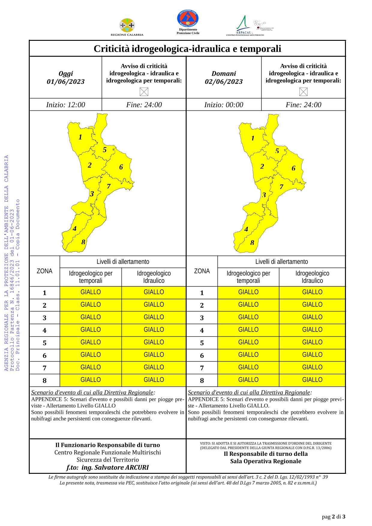 Criticità idrogeologica-idraulica e temporali in Calabria 01-06-2023